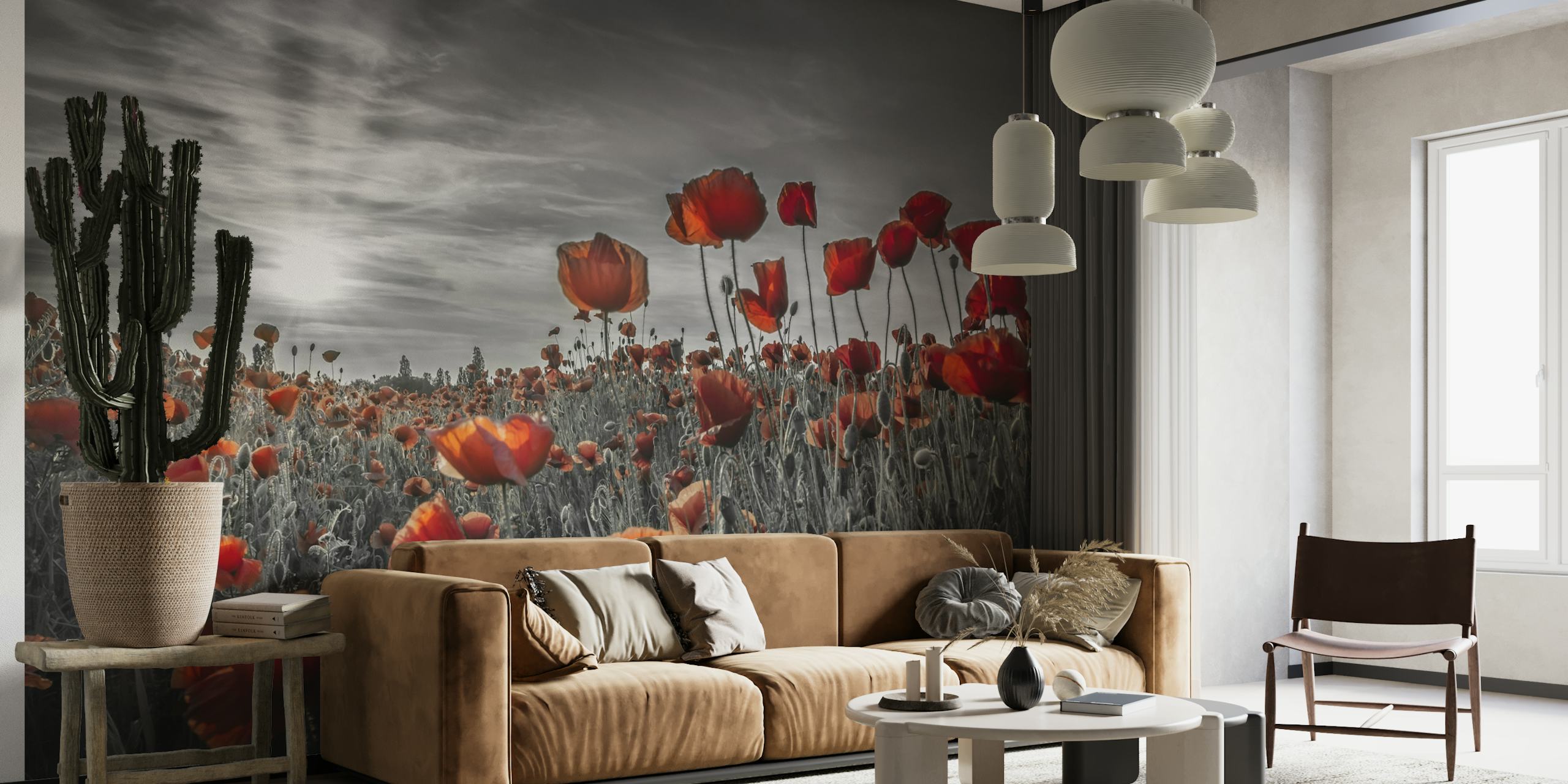 Poppies in the Sunset wall mural with red flowers against a monochrome background