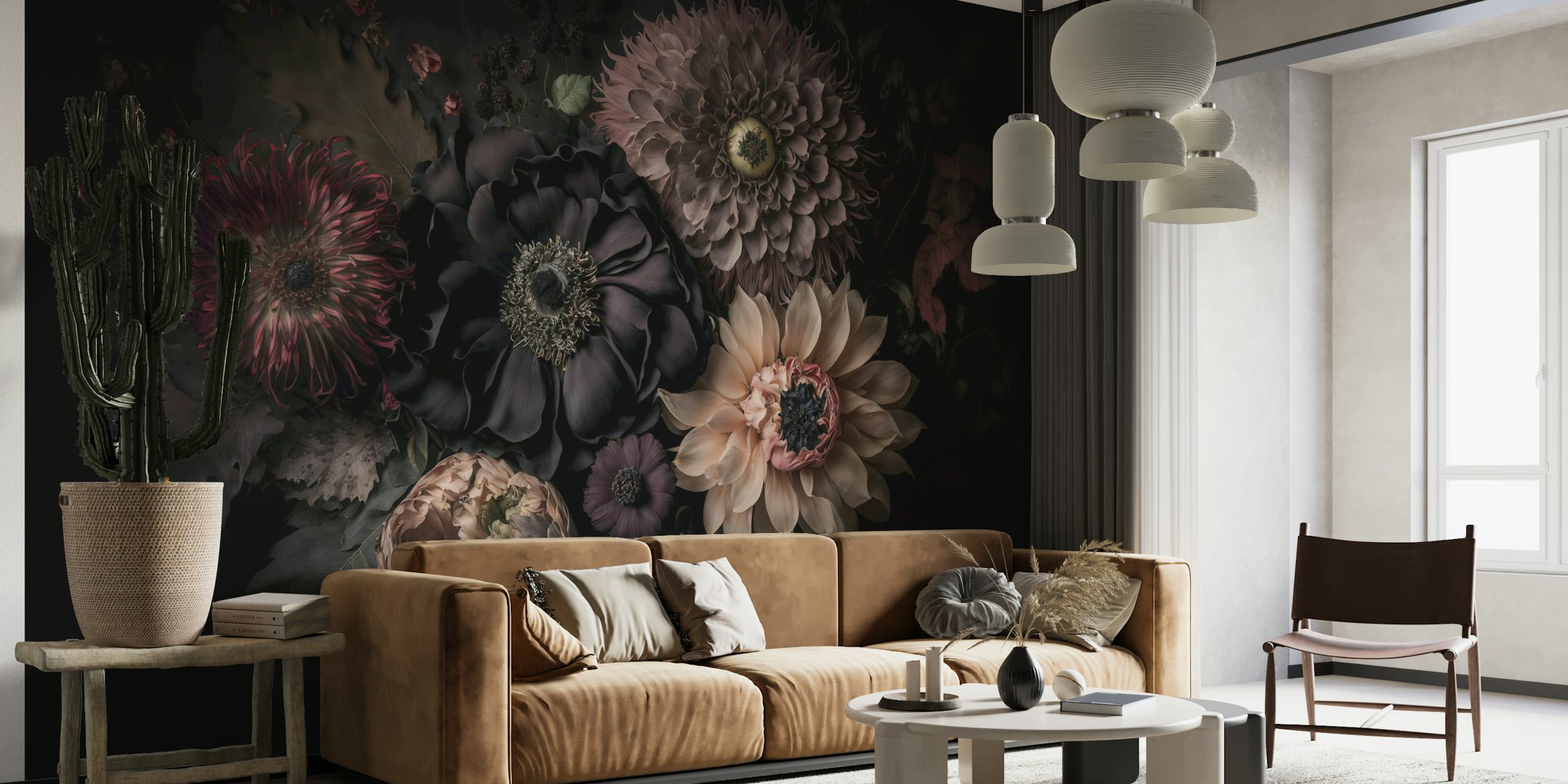 Donkere bloemen in verschillende tinten op zwart achtergrond wallpaper