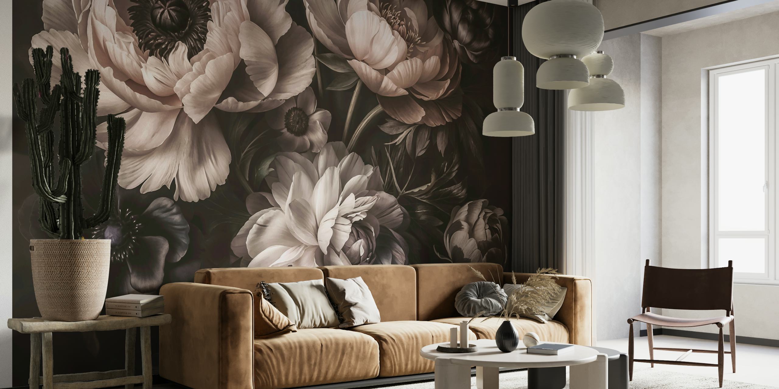 Fond floral noir avec des fleurs roses et blanches, style maximaliste wallpaper