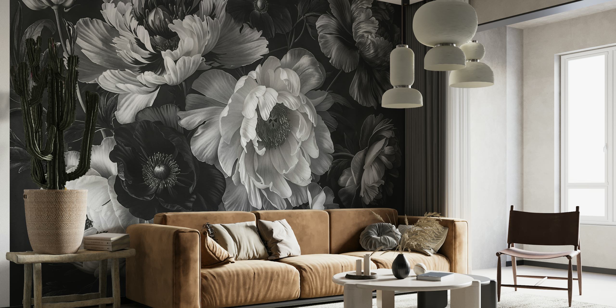 Greyscale flower garden wallpaper design