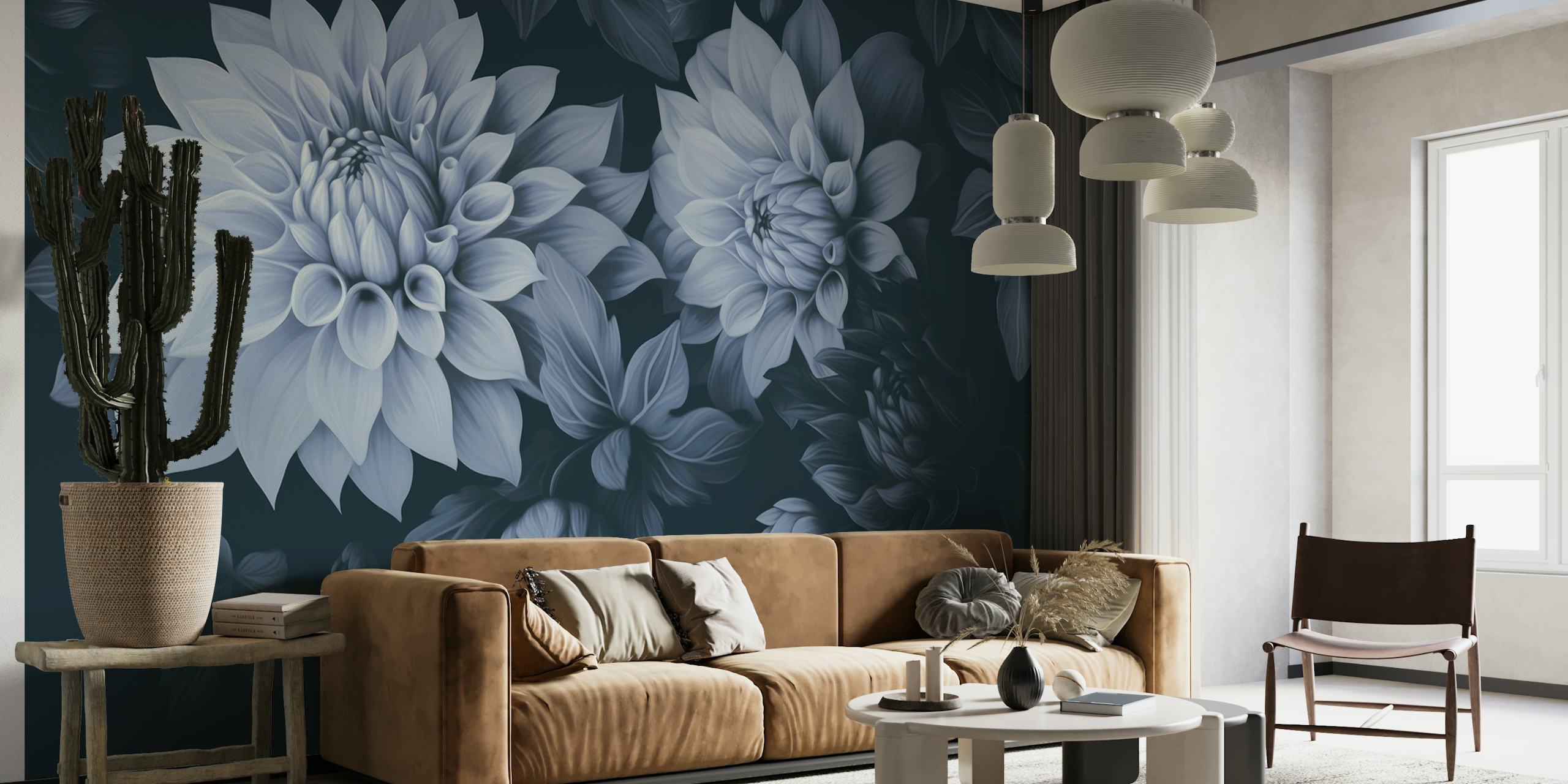 Opulent Moody Dahlia Flowers Matte Blue wallpaper