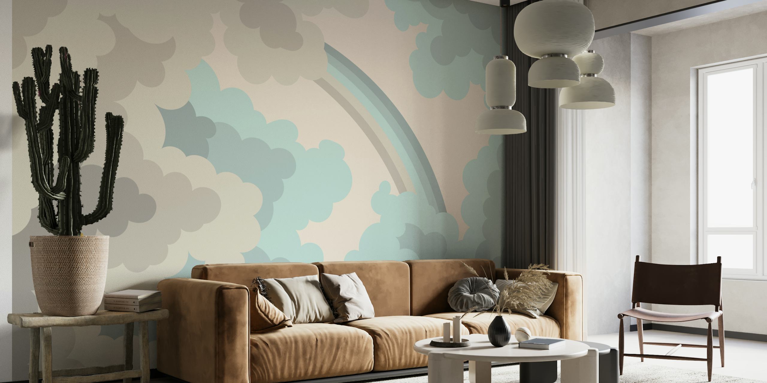 Nubes en colores pastel y sutil mural de arcoíris para decoración de paredes