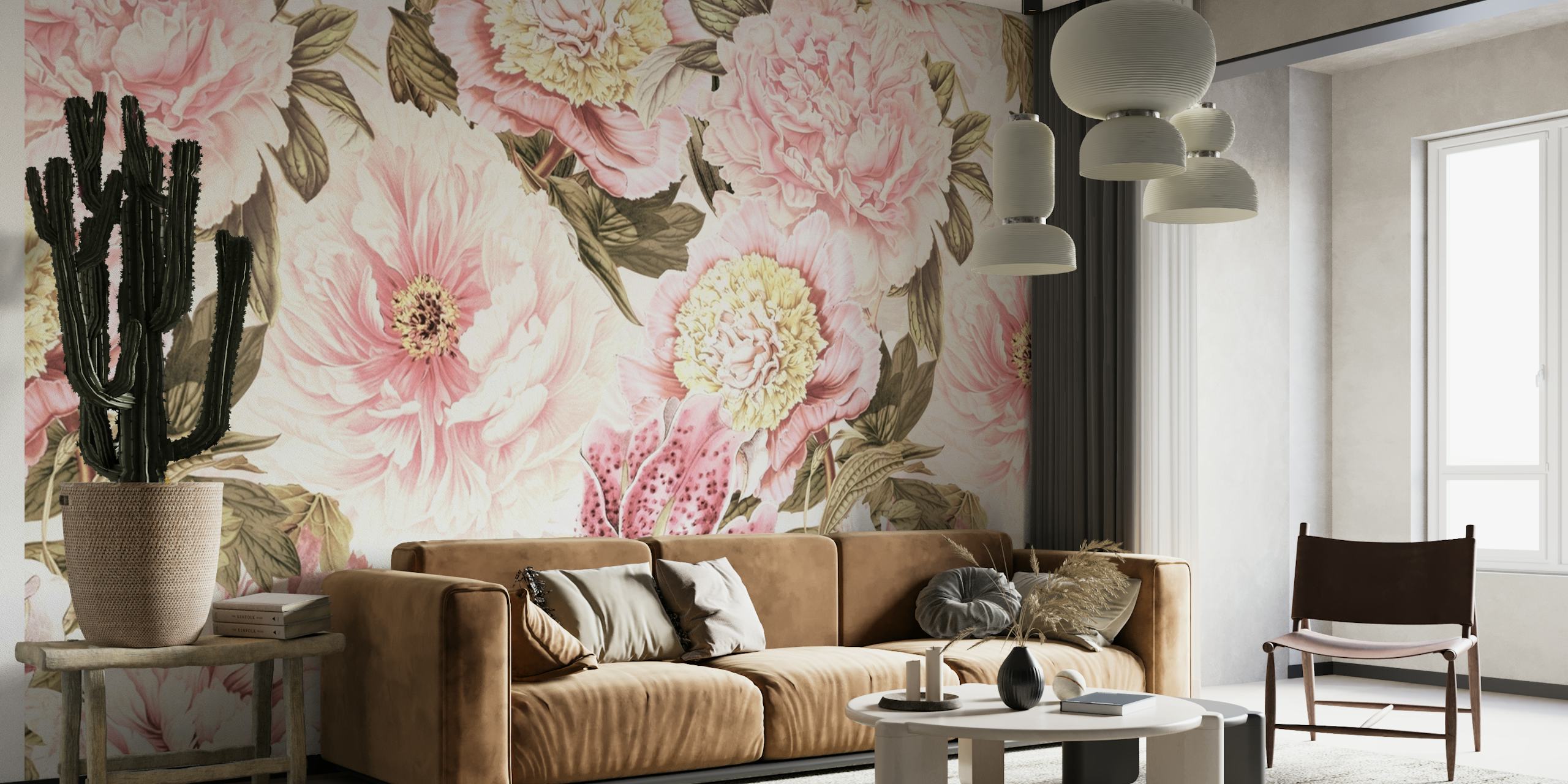 Vintage-vaikutteinen seinämaalaus, jossa on barokkityylisiä ylellisiä pioneja ja liljoja pastelliväreissä.