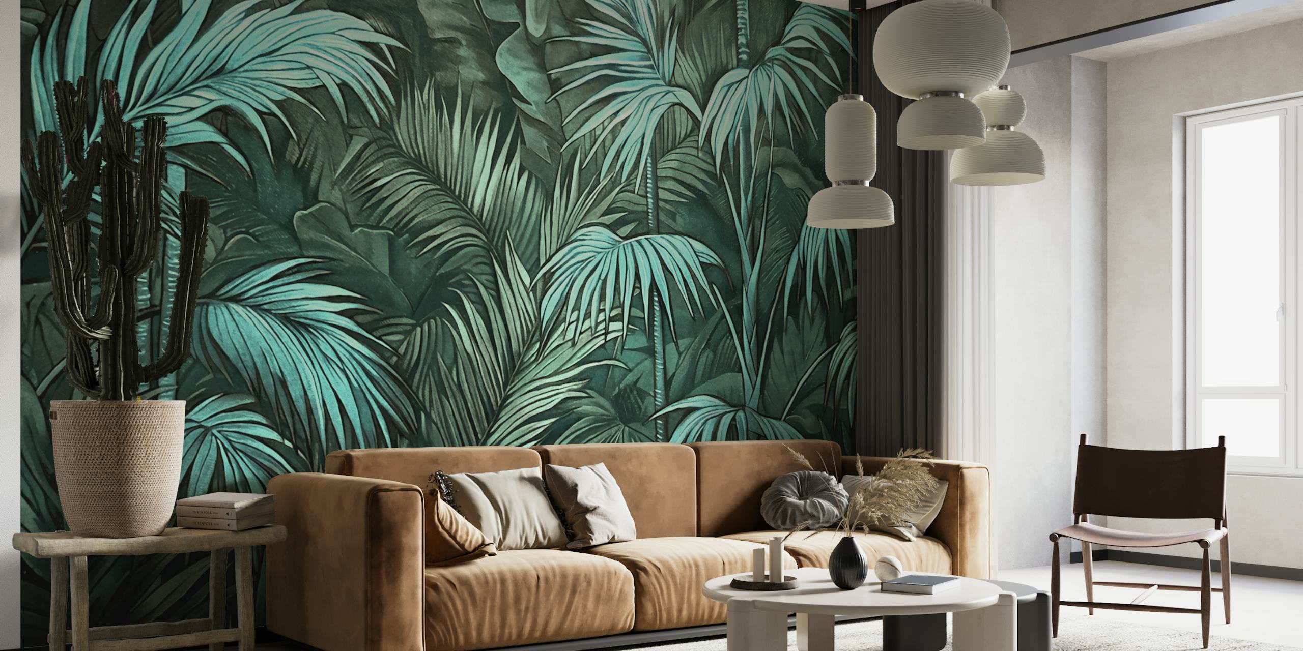 Tapeta w stylu Teal Mystic Jungle Tropical Escape w pokoju.