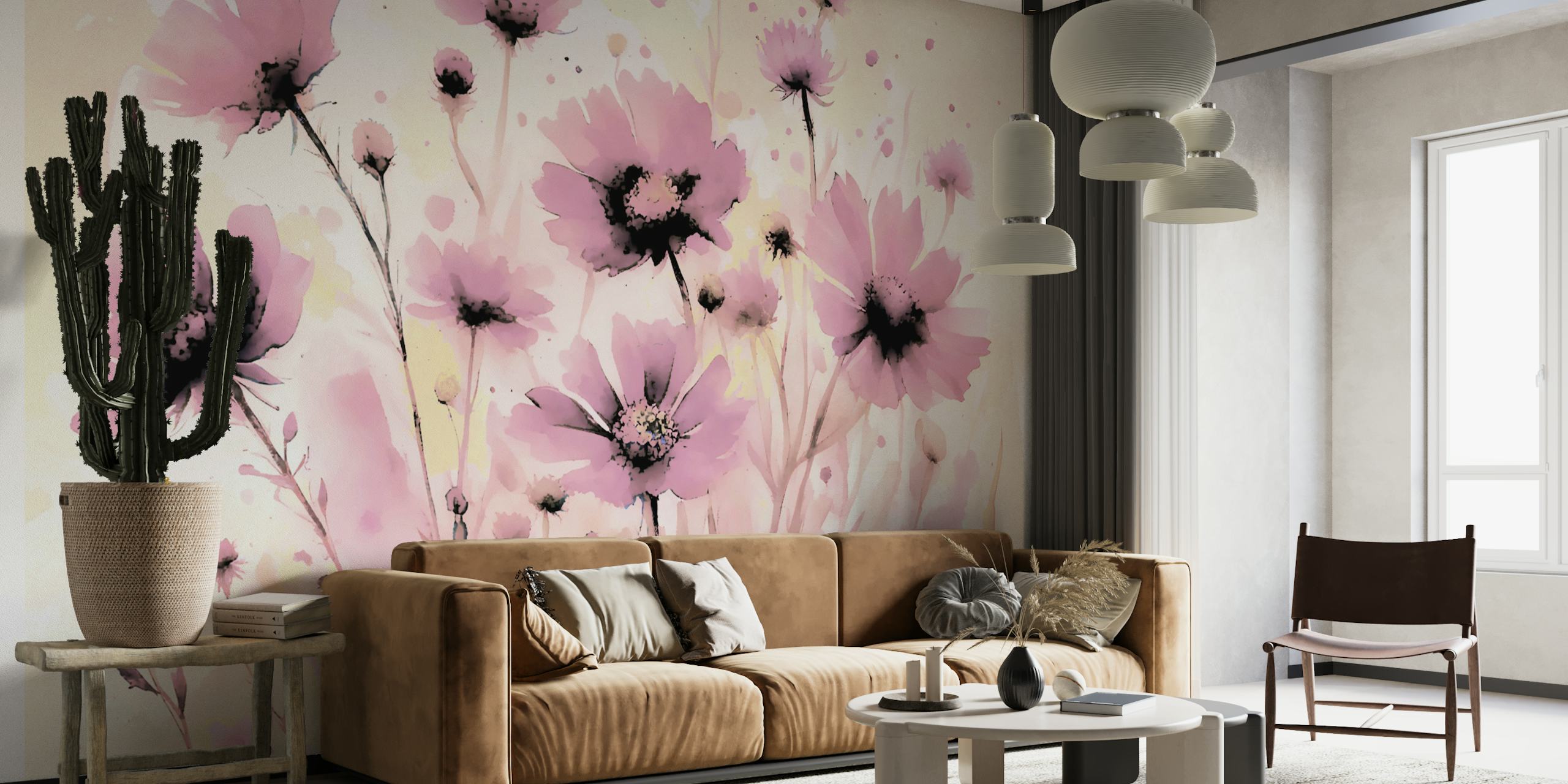 Soft pink flowers with black details on beige background wallpaper