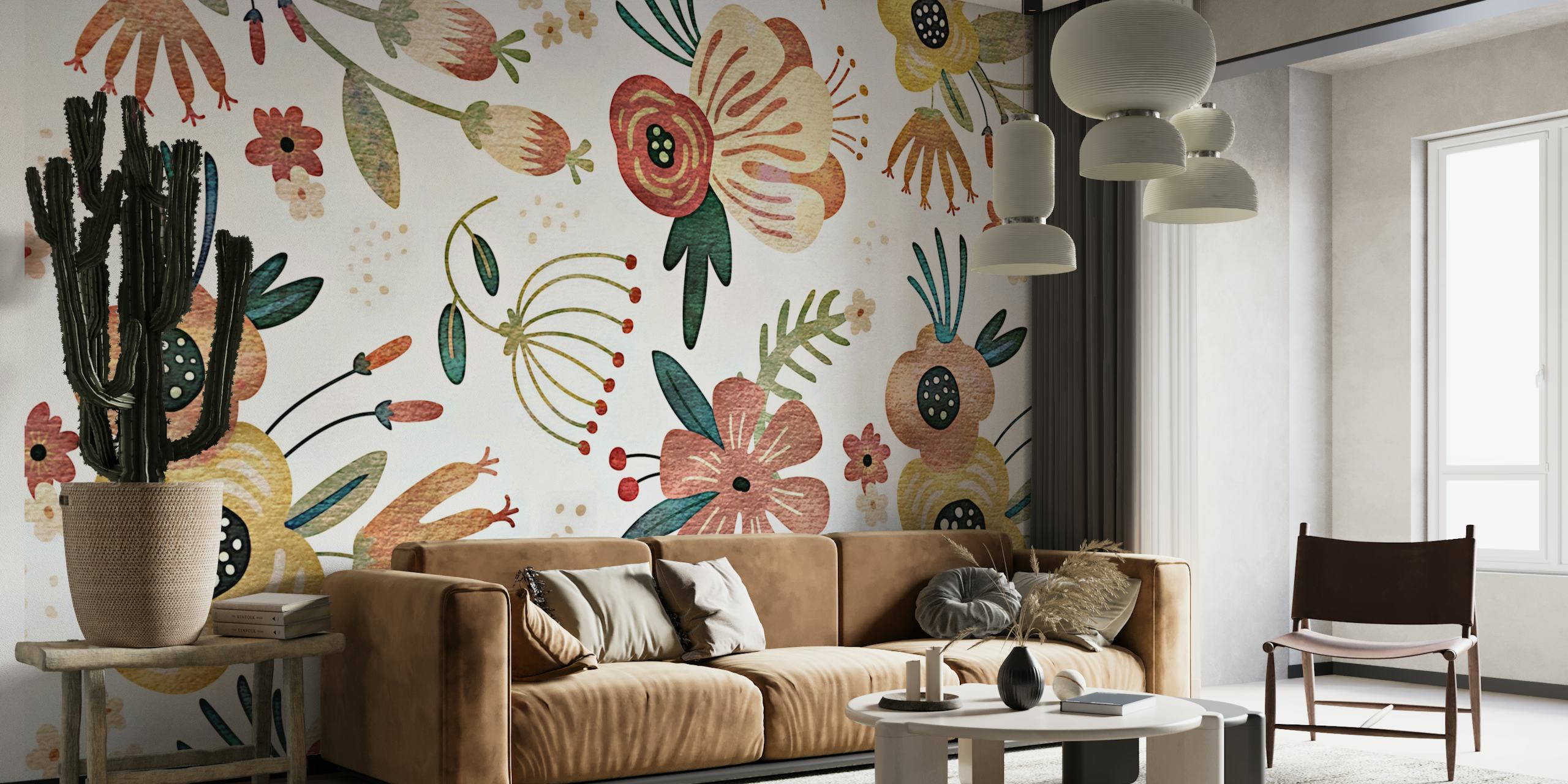Rustic Floral Watercolor wall mural with soft pastel flowers
