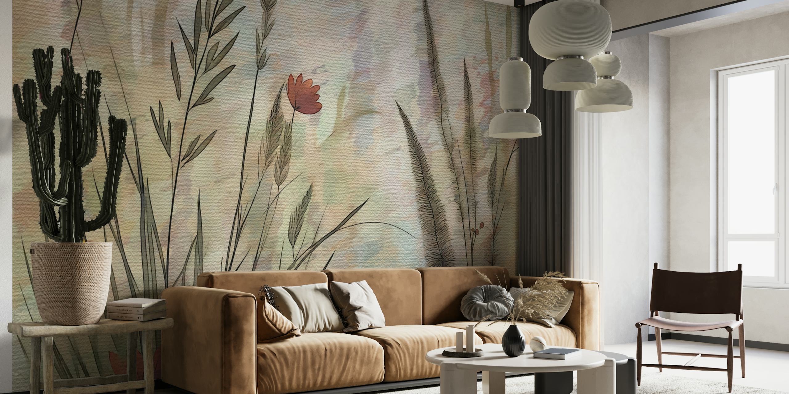 Rustic Floral Meadow Art με απαλά βοτανικά στοιχεία σε υφή φόντου