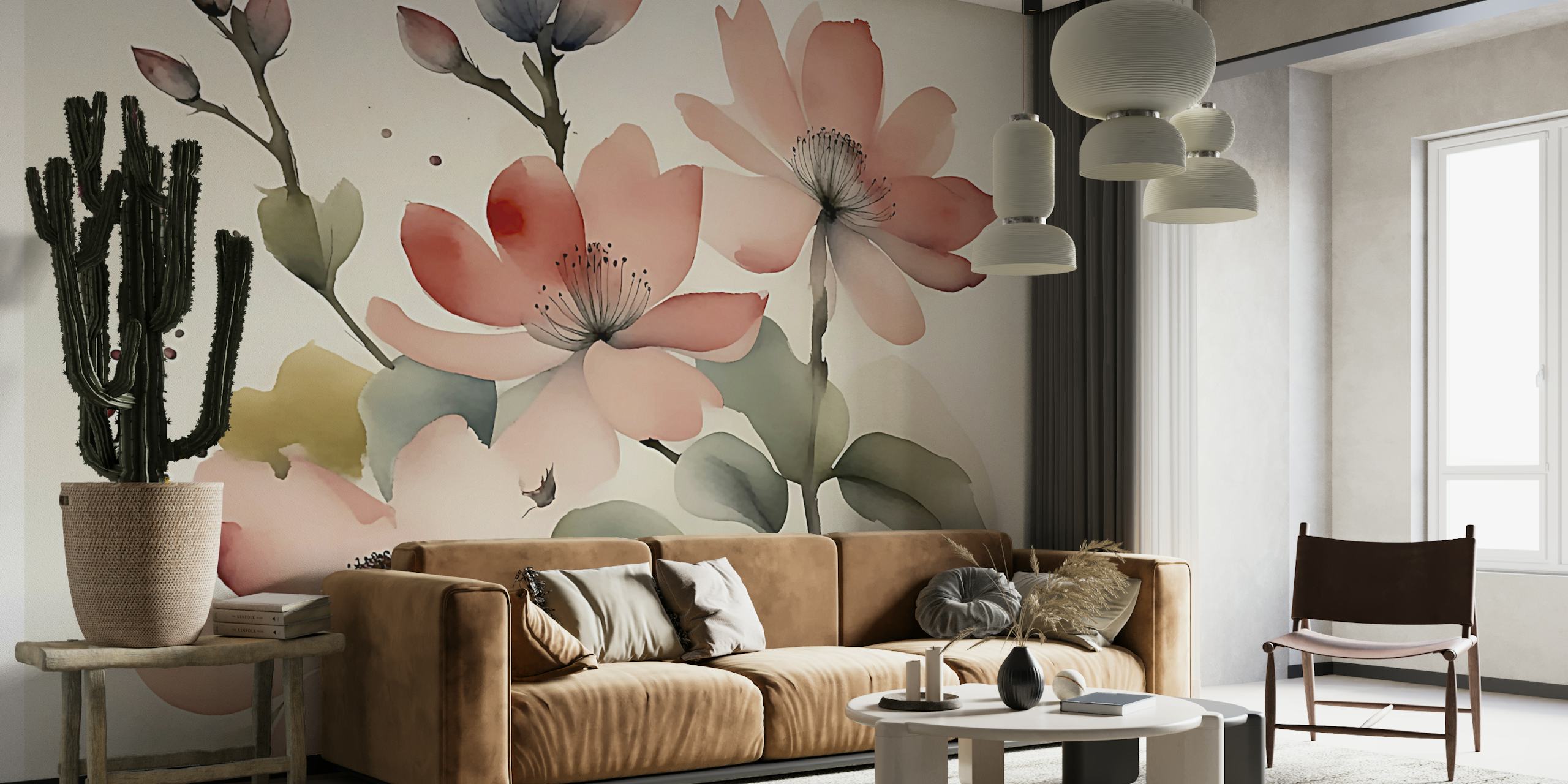 Pink Wabi Sabi floral wallpaper with blush petals and leaves