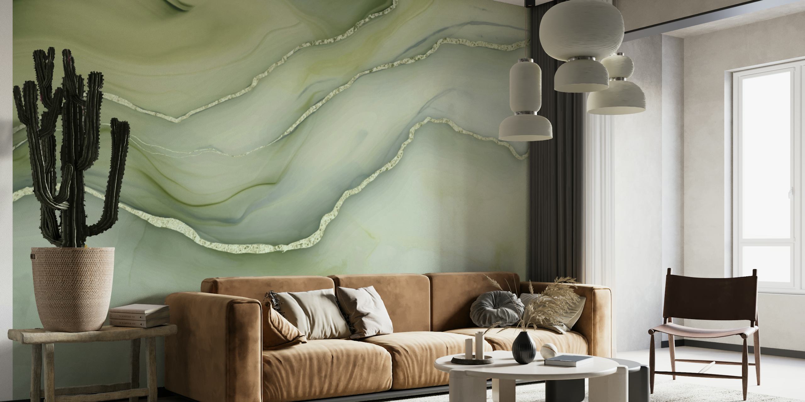 Sage green and white marble wallpaper with fluid patterns