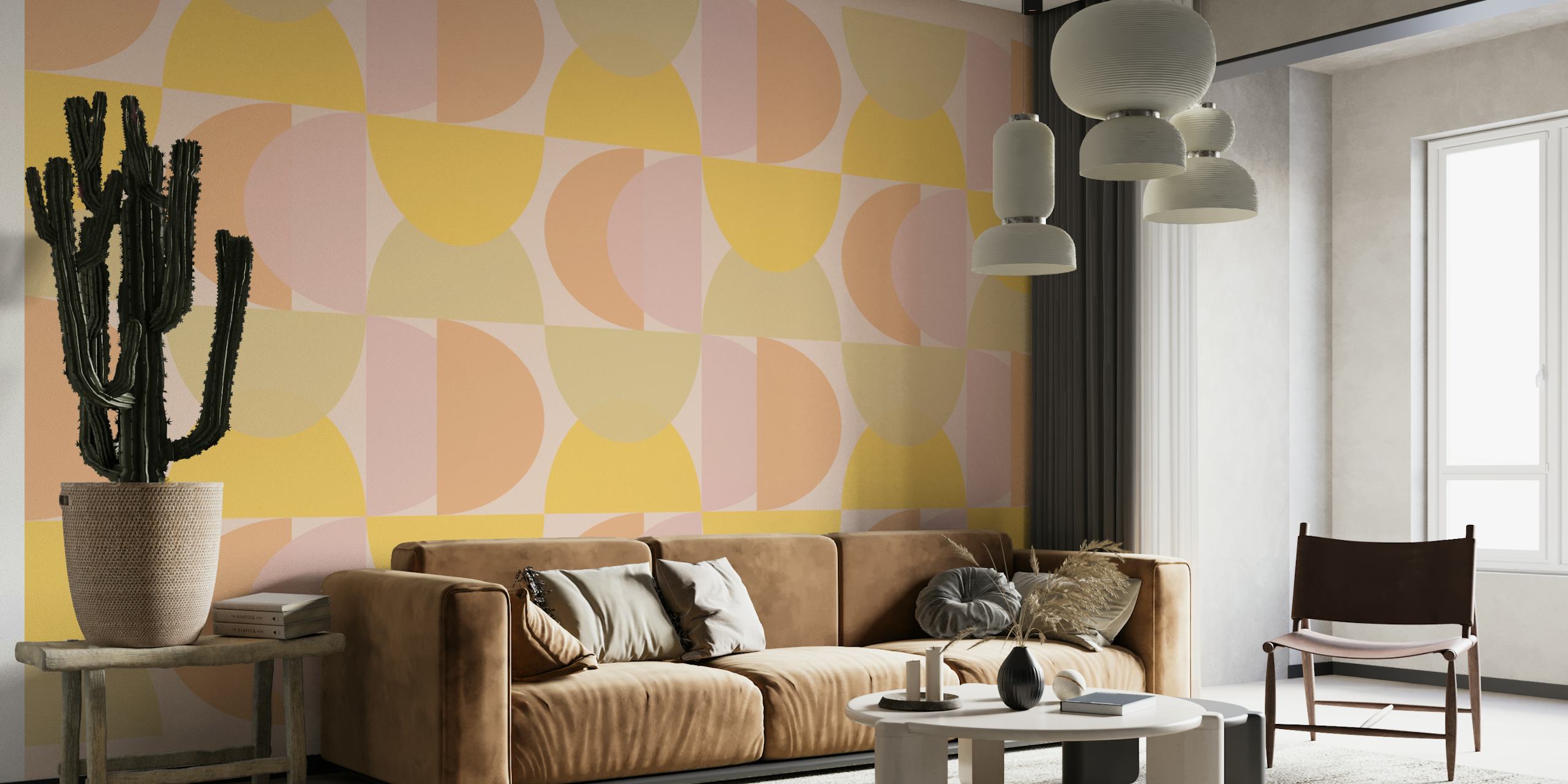 Pastel arches in shades of pink, peach, and yellow wallpaper