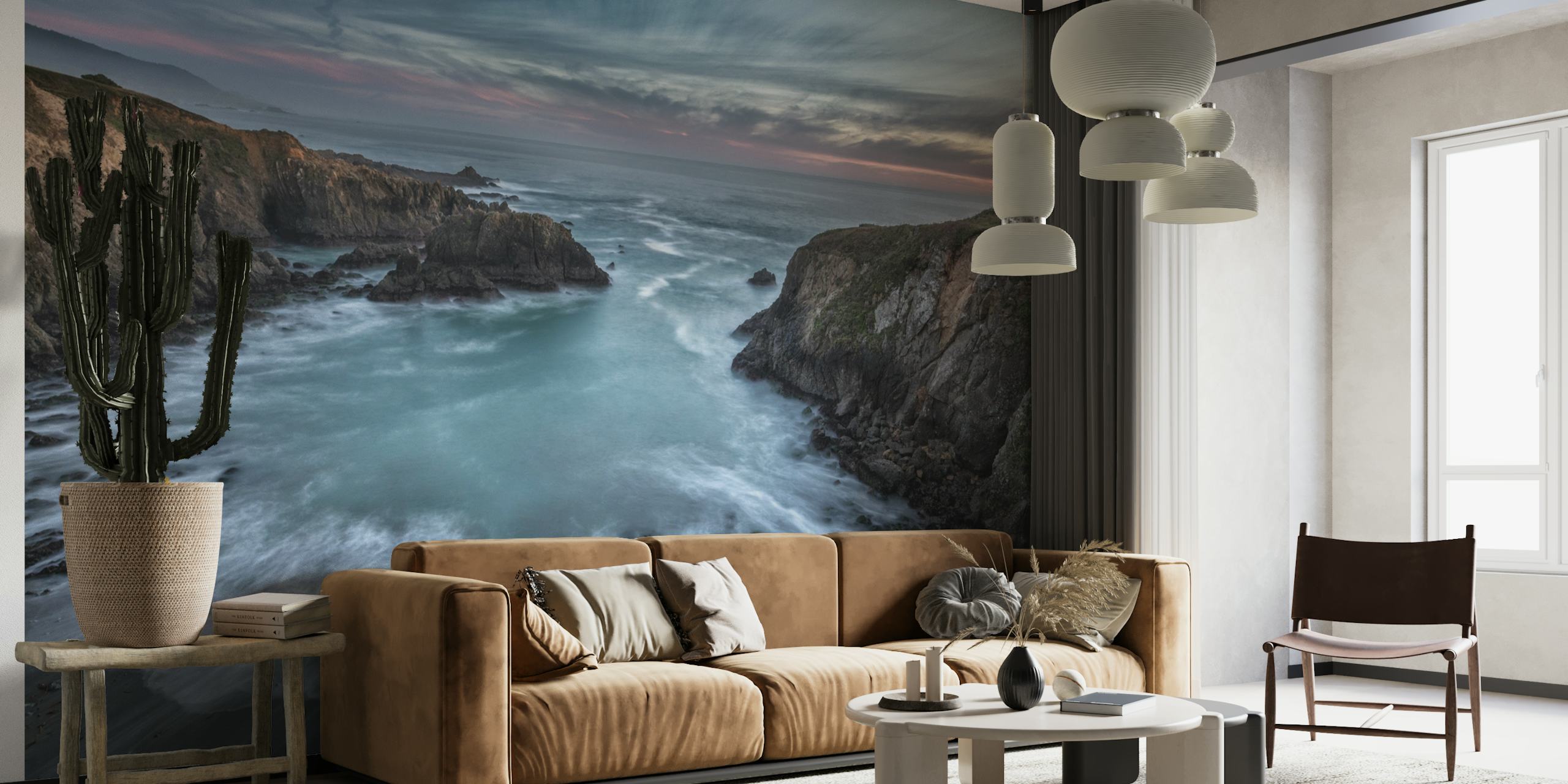 Coastal seascape wall mural with waves crashing against cliffs at dusk
