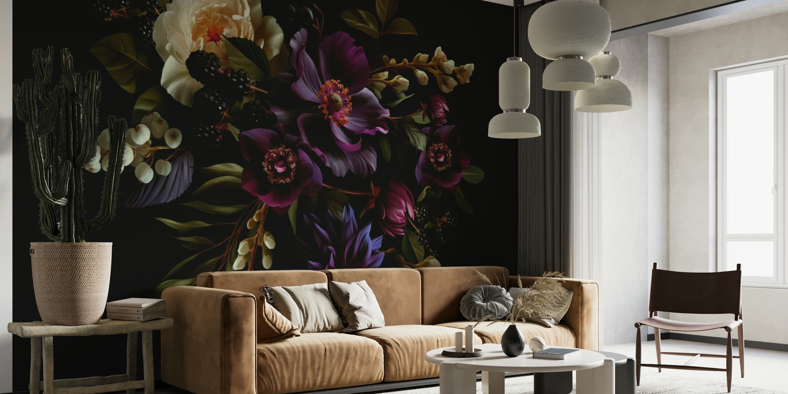 Goottilainen kukkainen seinämaalaus tummalla, tunnelmallisella taustalla ja eloisilla kukilla