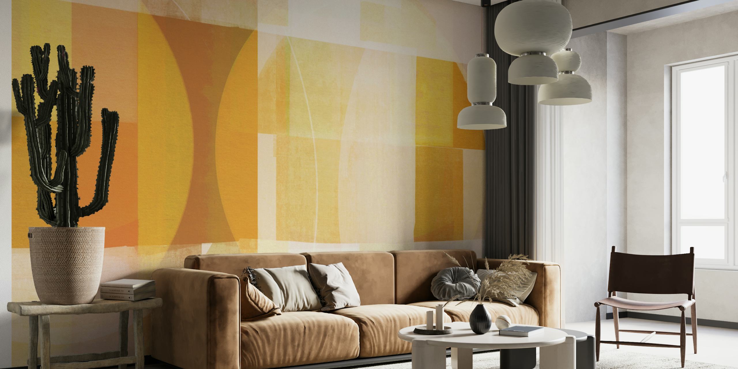 Geometrisch patroon in gele en crème tinten wallpaper