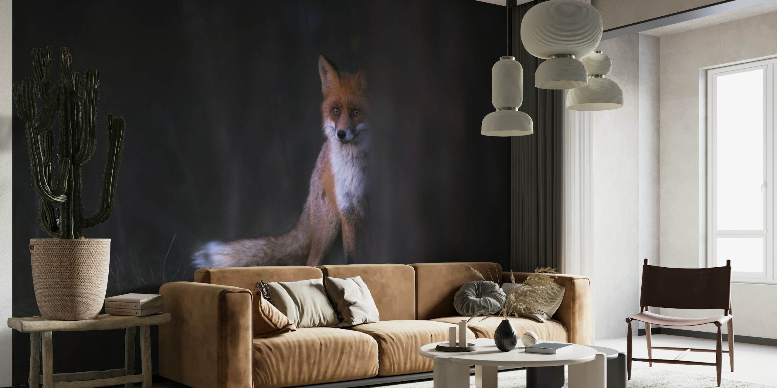 En mystisk räv i en skymningsskog väggmålning