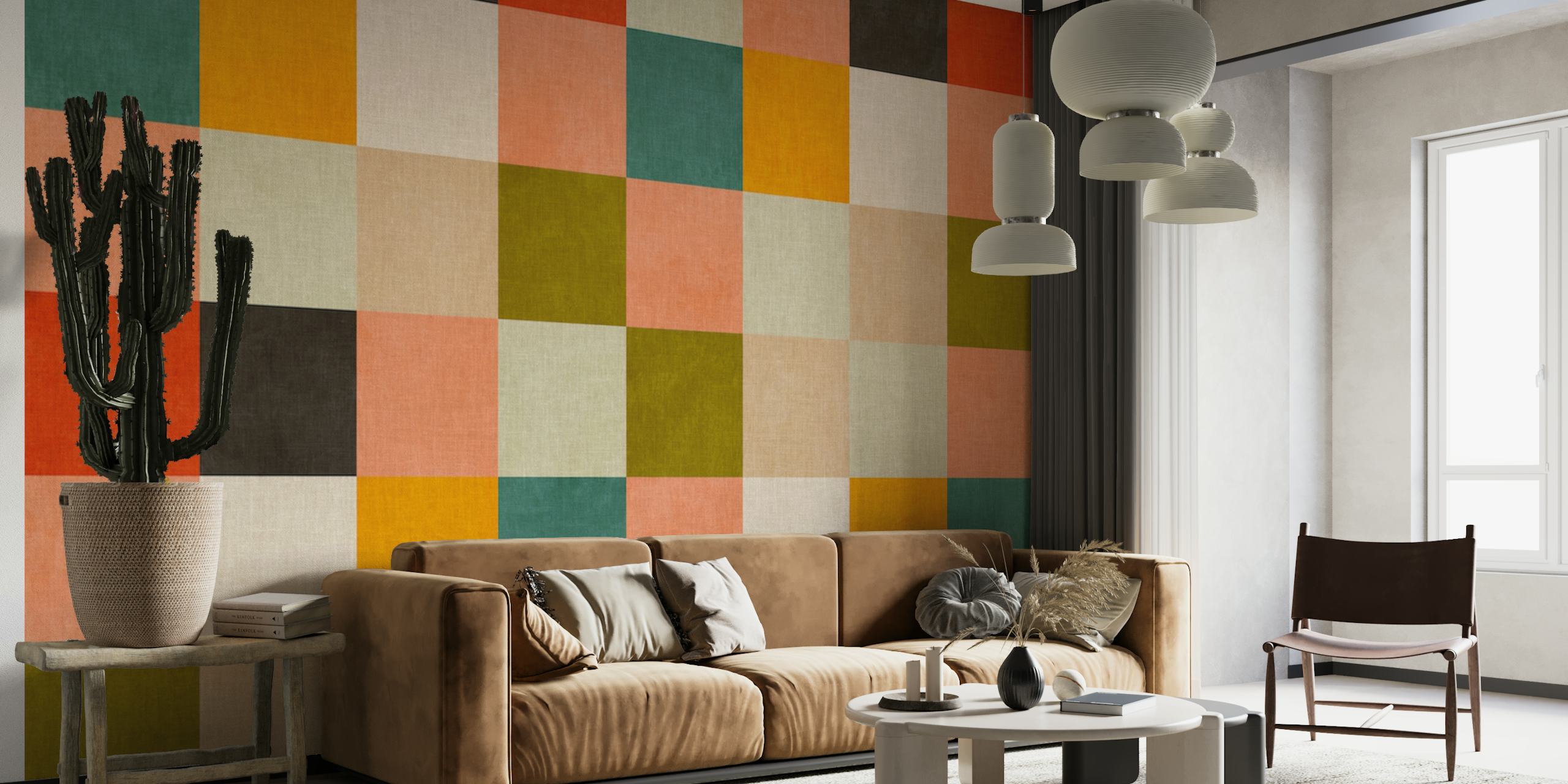 Midcentury checker geometry tapetti huoneessa