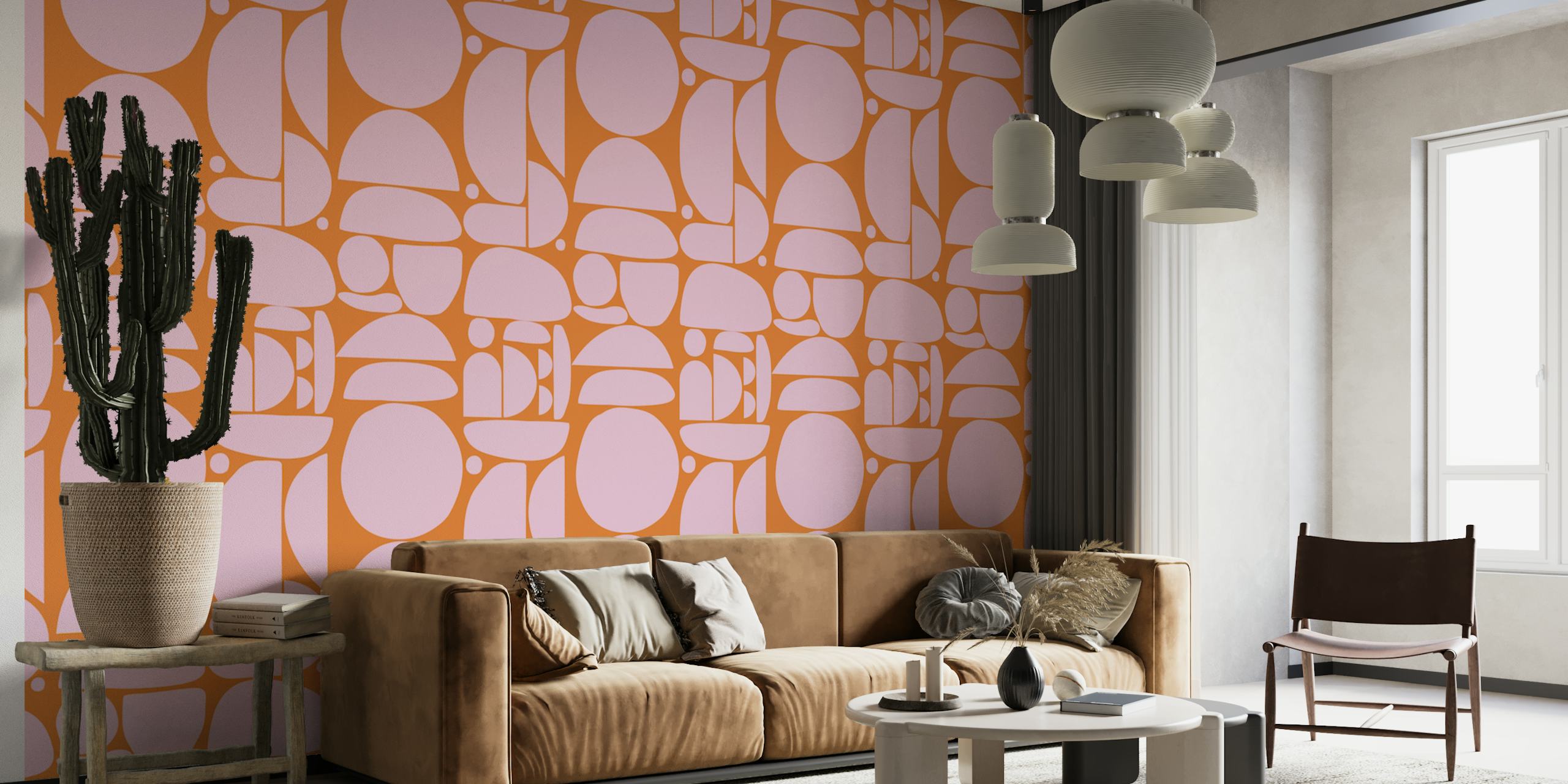 Geometric cutout shapes in pink and orange wallpaper