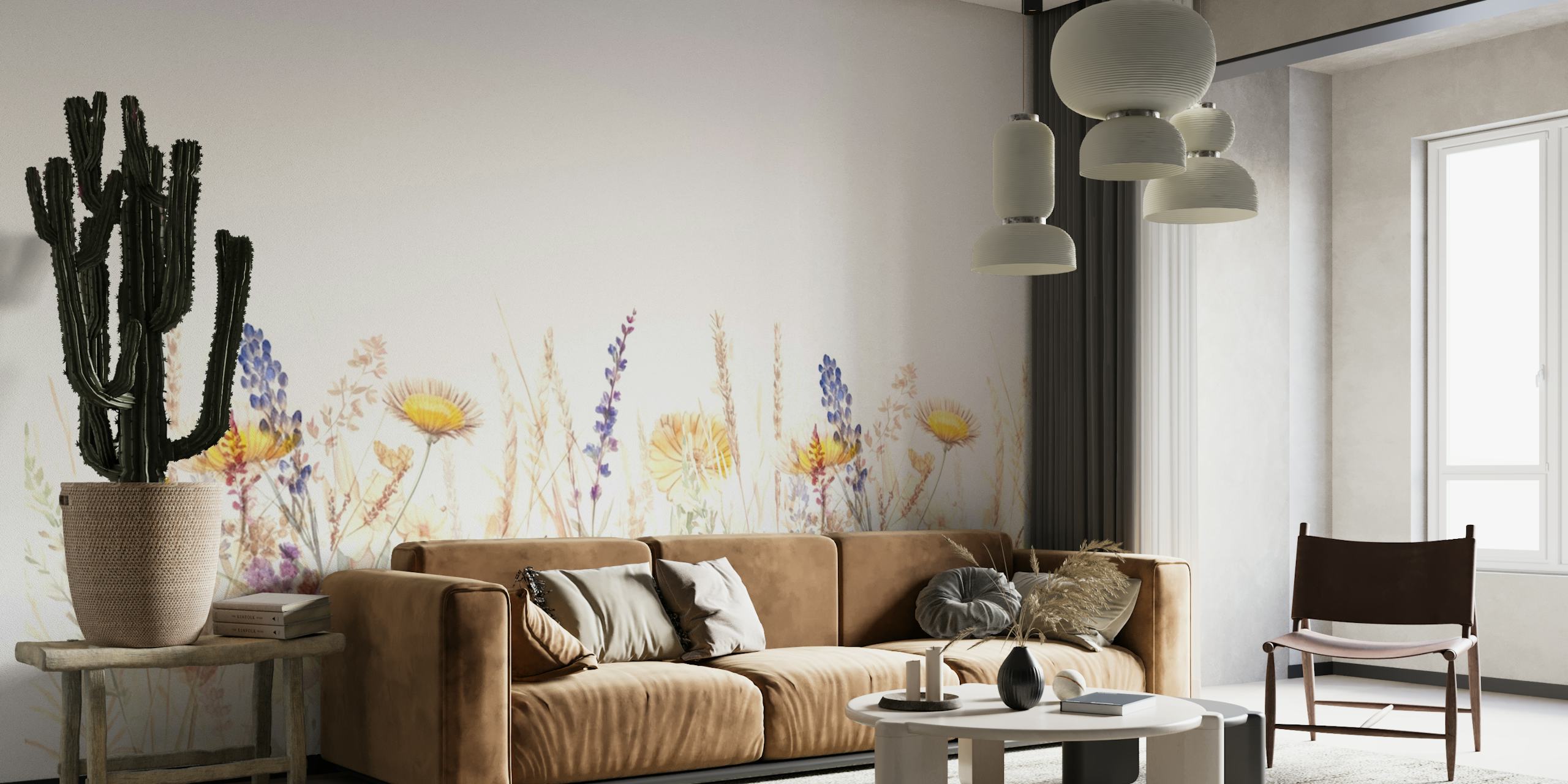 Een rustige fotobehang met wilde bloemenweiden met zachte pastelkleurige wilde bloemen op een witte achtergrond