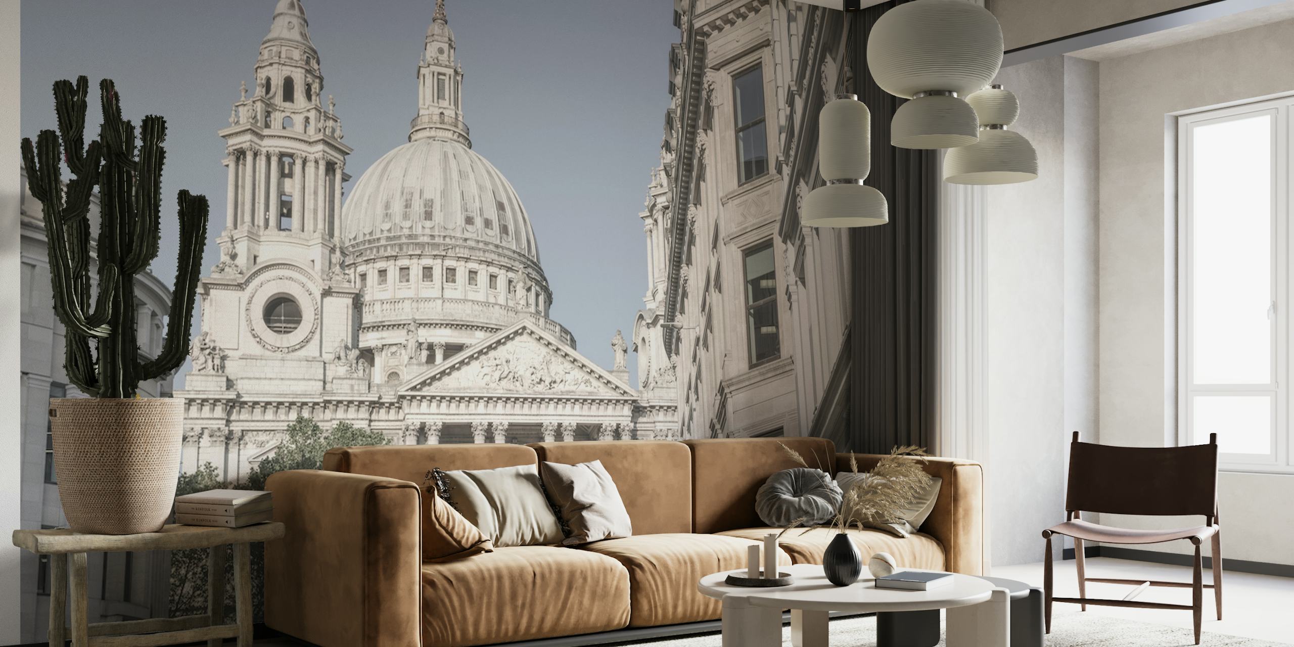 Grey architectural wallpaper featuring London's cathedral with detailed domes and spires.