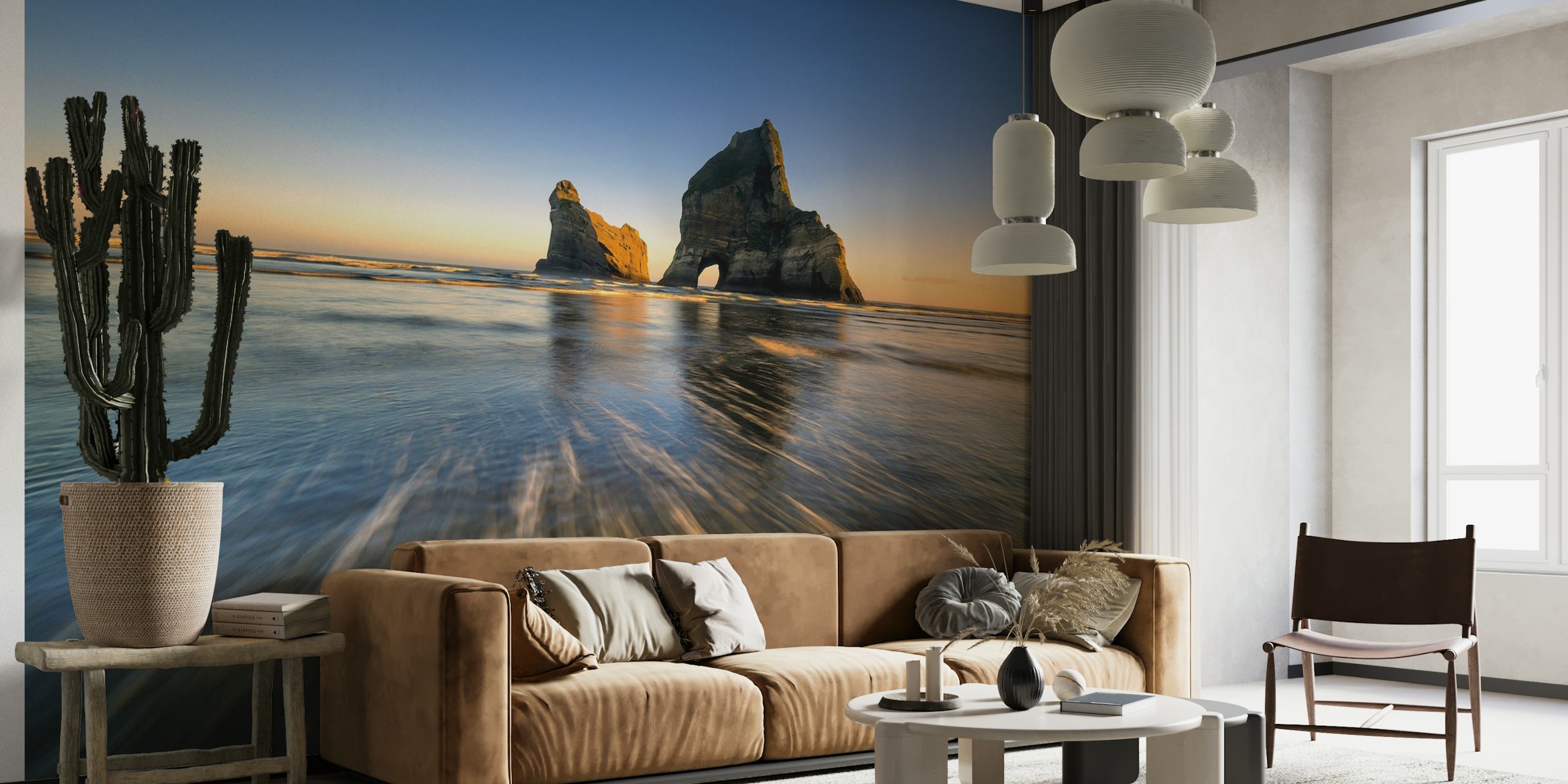 Wharaiki Beach Wandbild mit Sonnenuntergang und Felsformationen