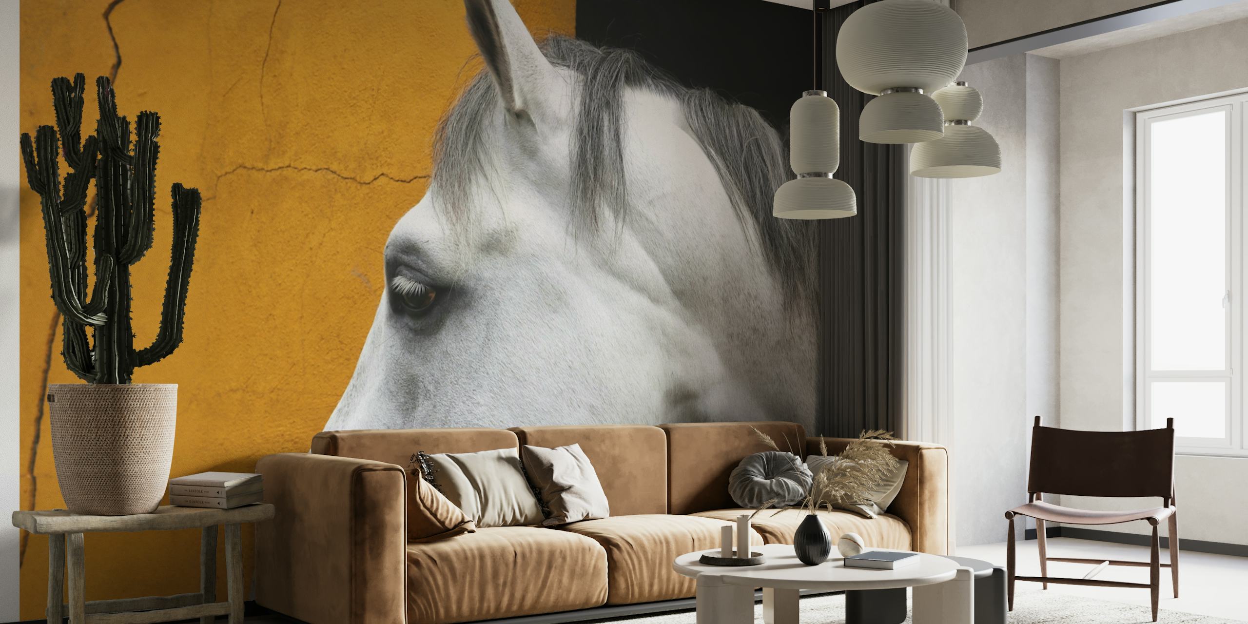 Horse White on Mustard Yellow behang