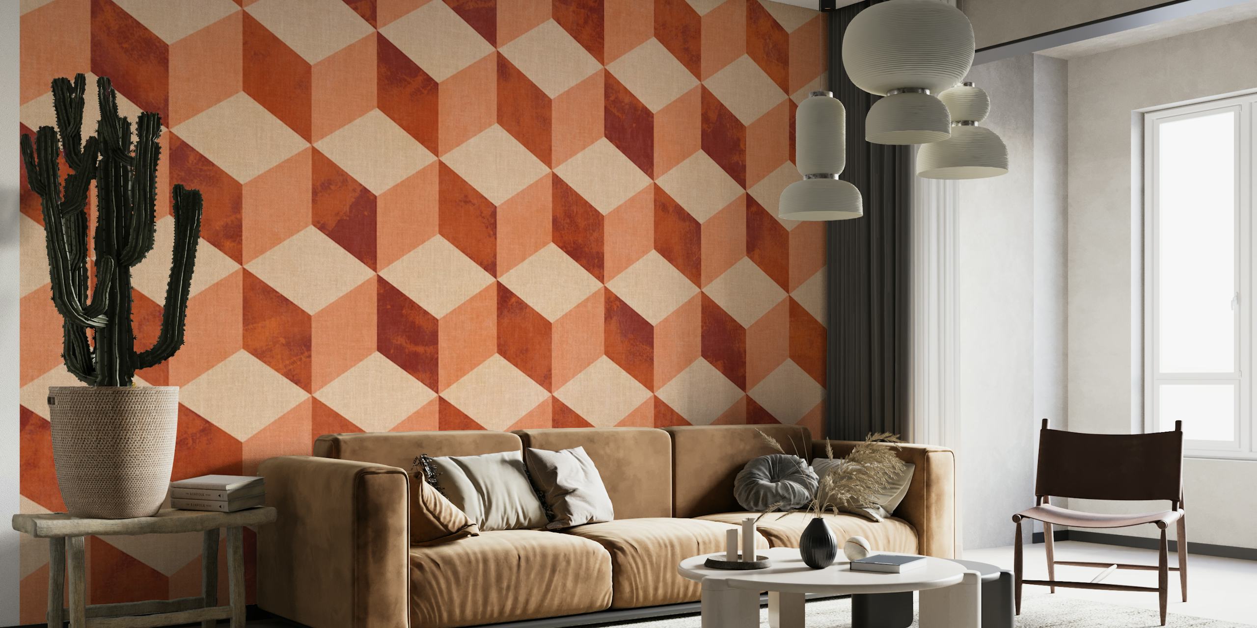 3D optical illusion of checker cube pattern in rusty and earthtone colors wall mural