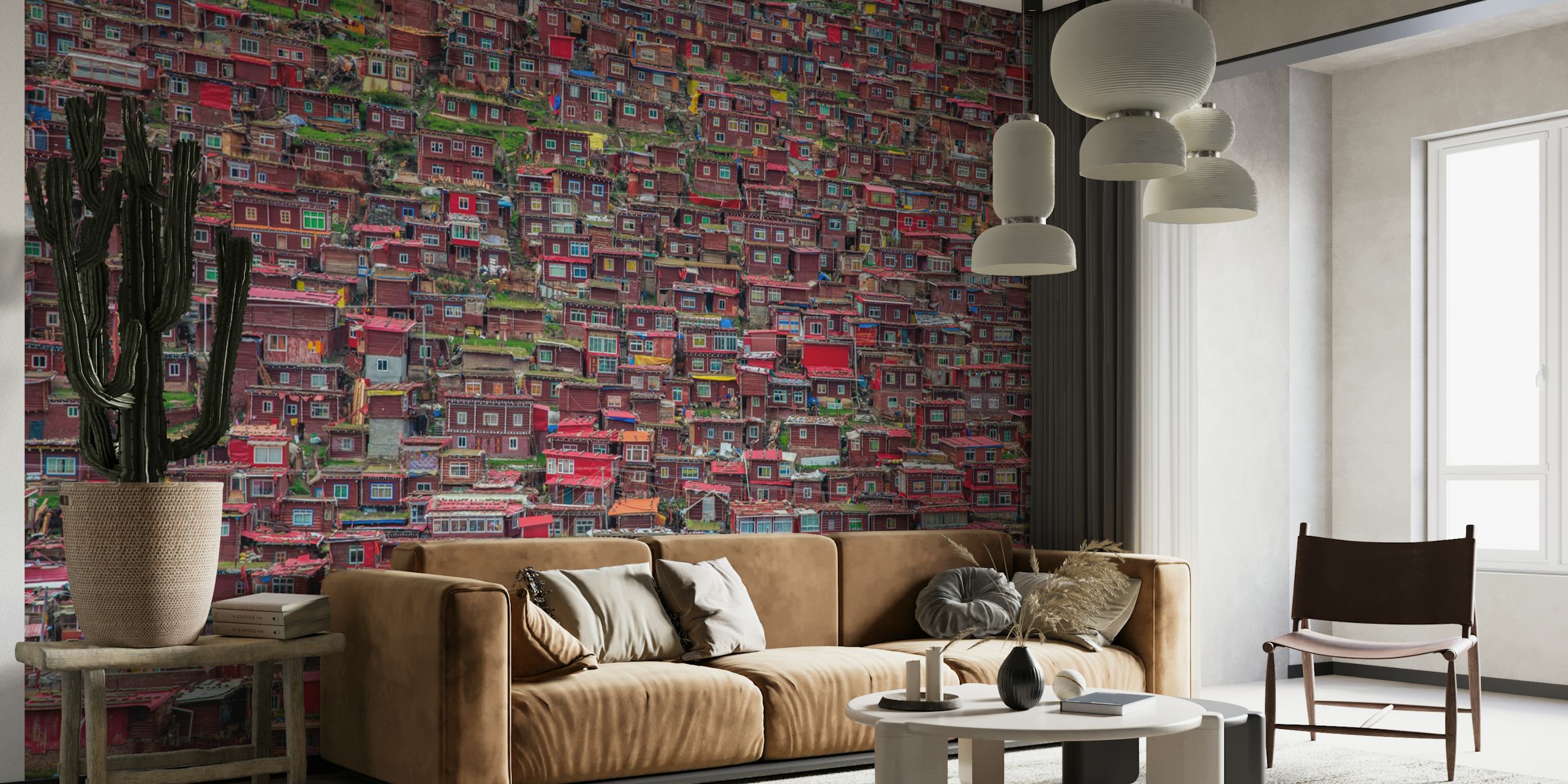 Colorful Larung Gar wallpaper in a room