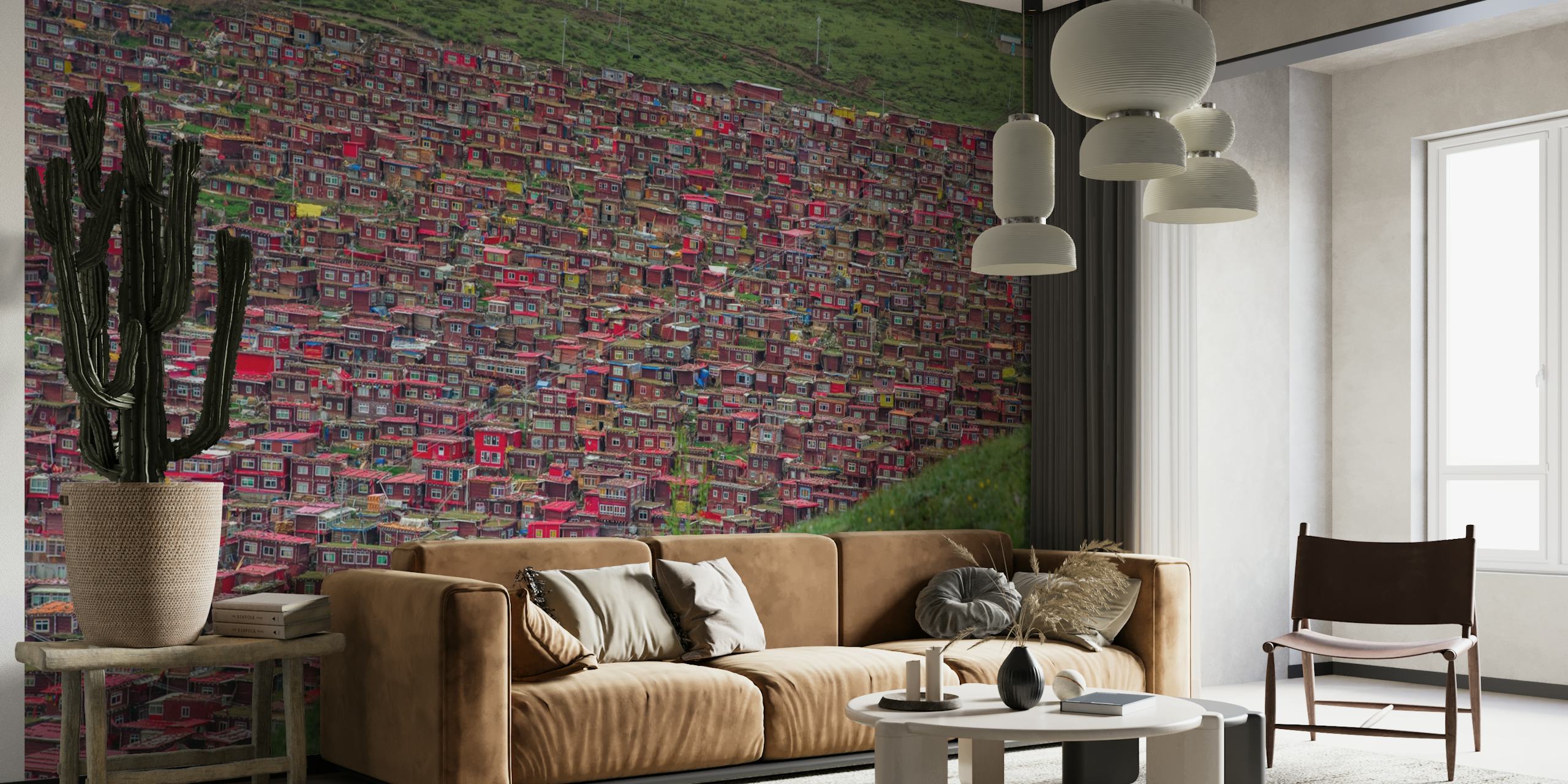 A vast expanse of colorful prayer flags in a Buddhist institute setting wall mural.