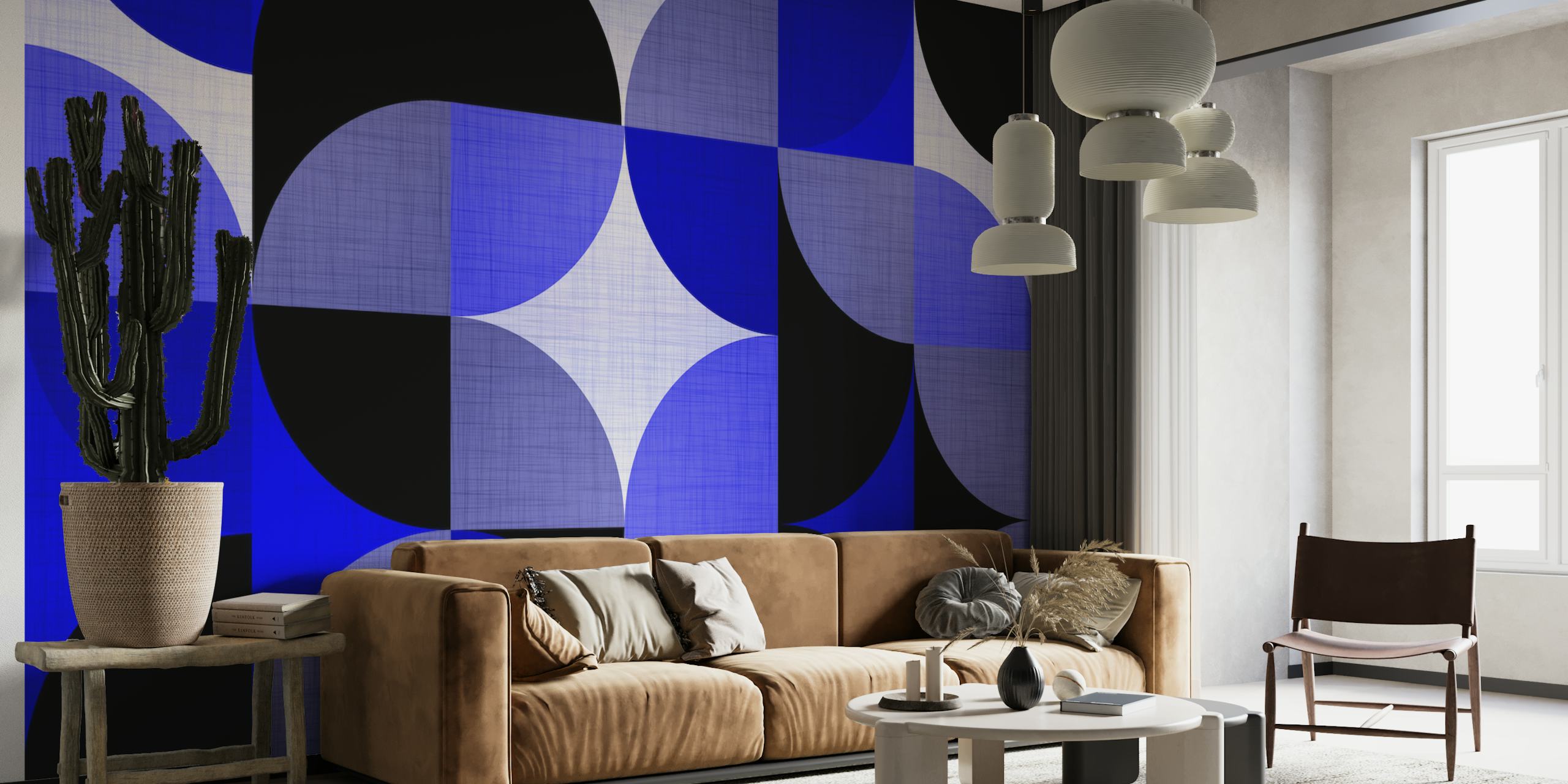 Mid-Century Vivid Blue Geometric Wall Mural featuring crescents & circles in navy & sky blue