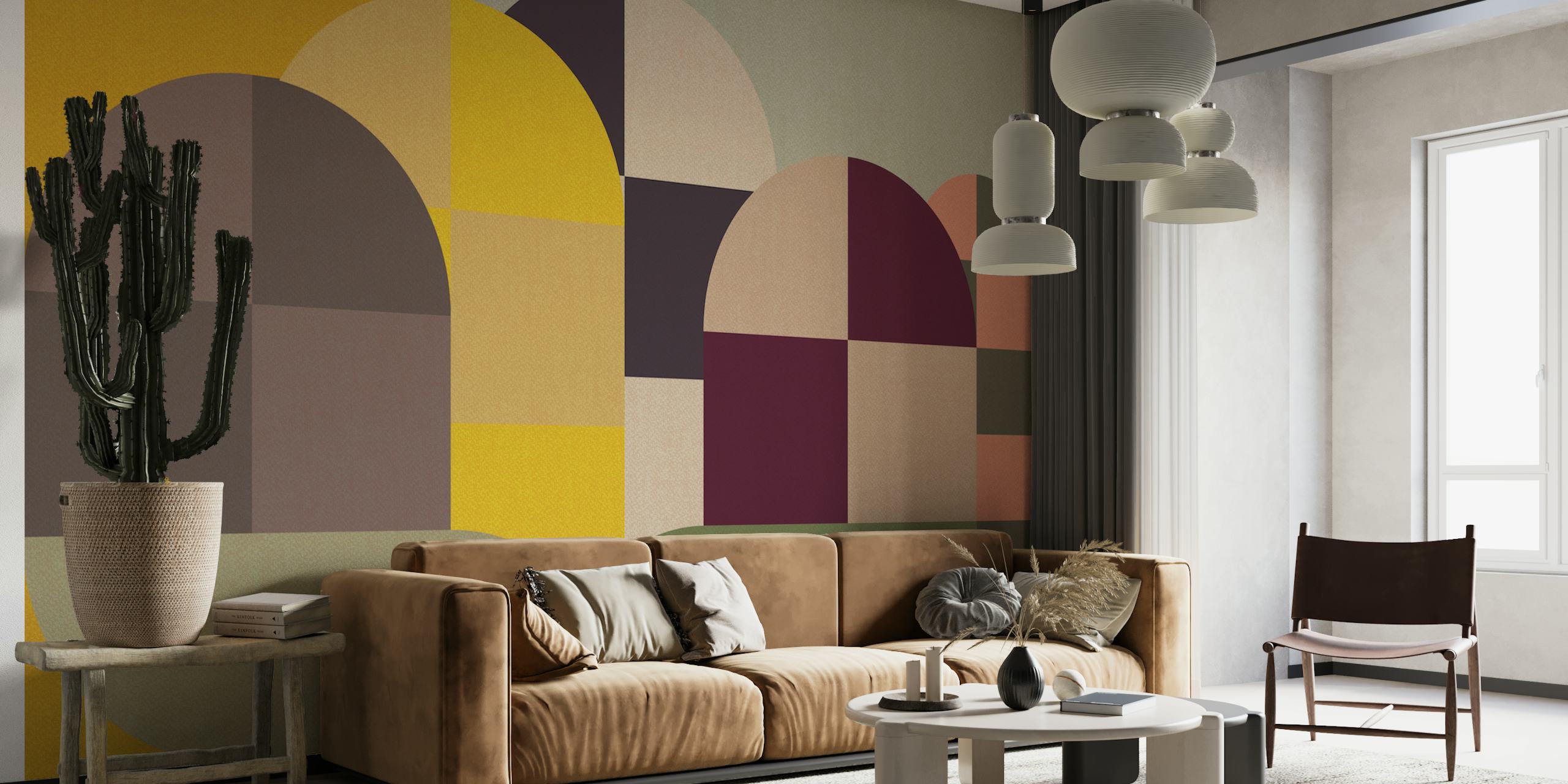Geometric abstract shapes in yellow, green, and brown wallpaper