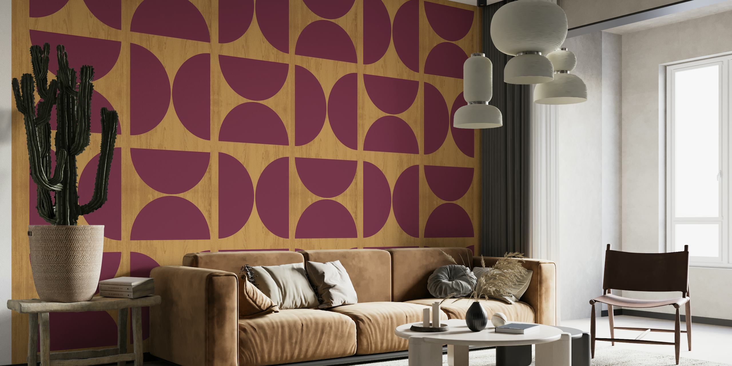 Geometric burgundy and rounded shapes on wooden background wallpaper