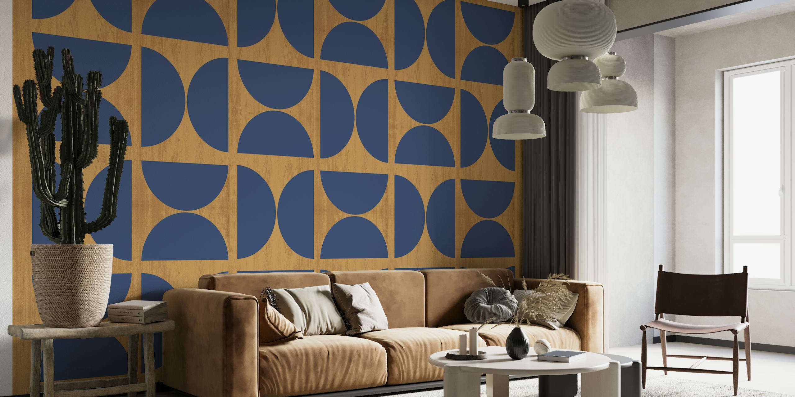 Navy Bauhaus Wood wallpaper in a room