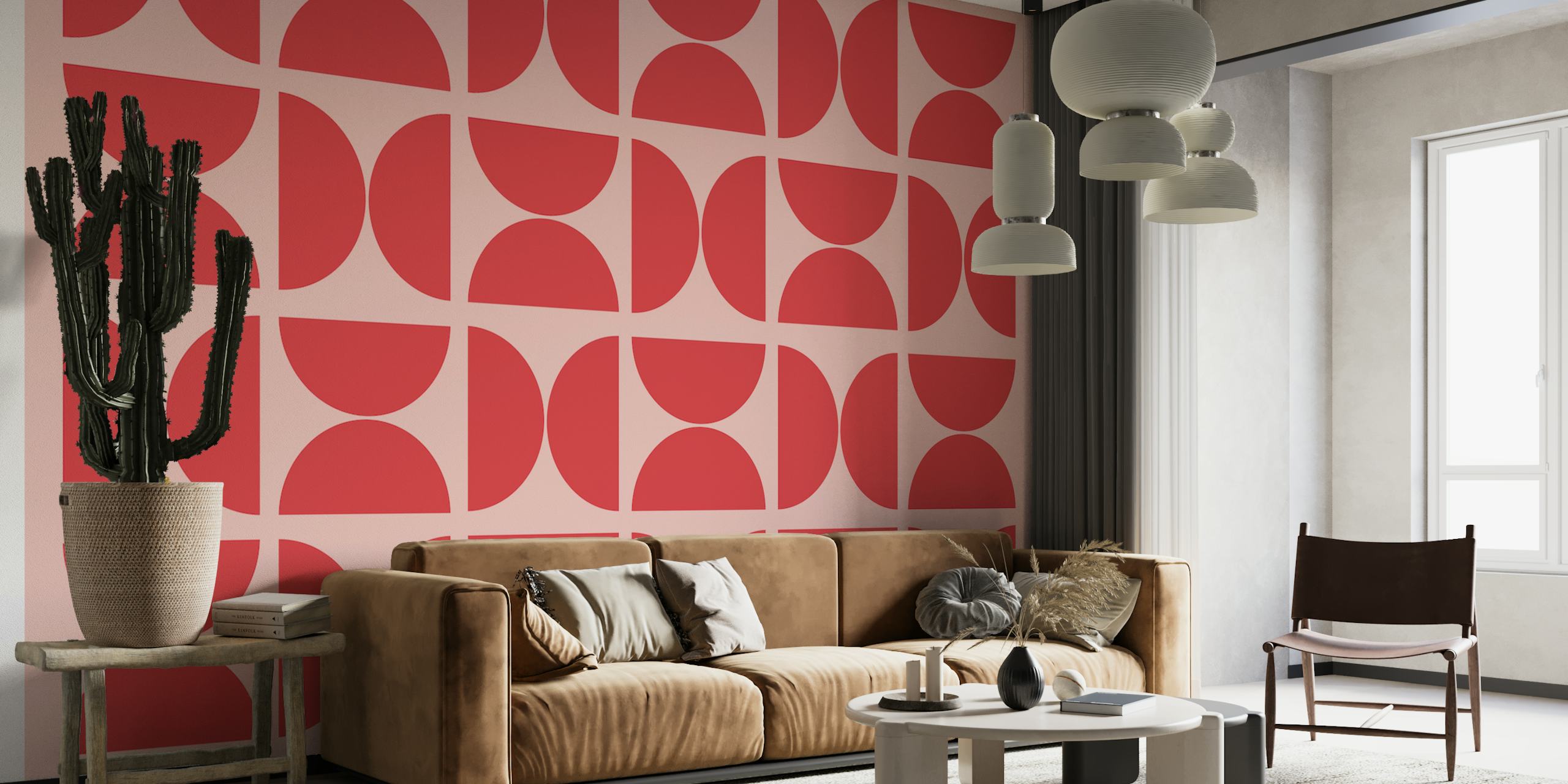 Red geometric patterns on soft pink background wallpaper