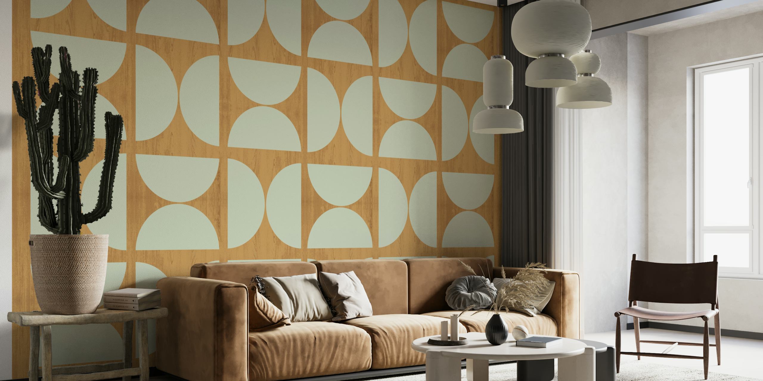 Sage Bauhaus Wood pattern wall mural with semi-circular shapes on a wooden texture background