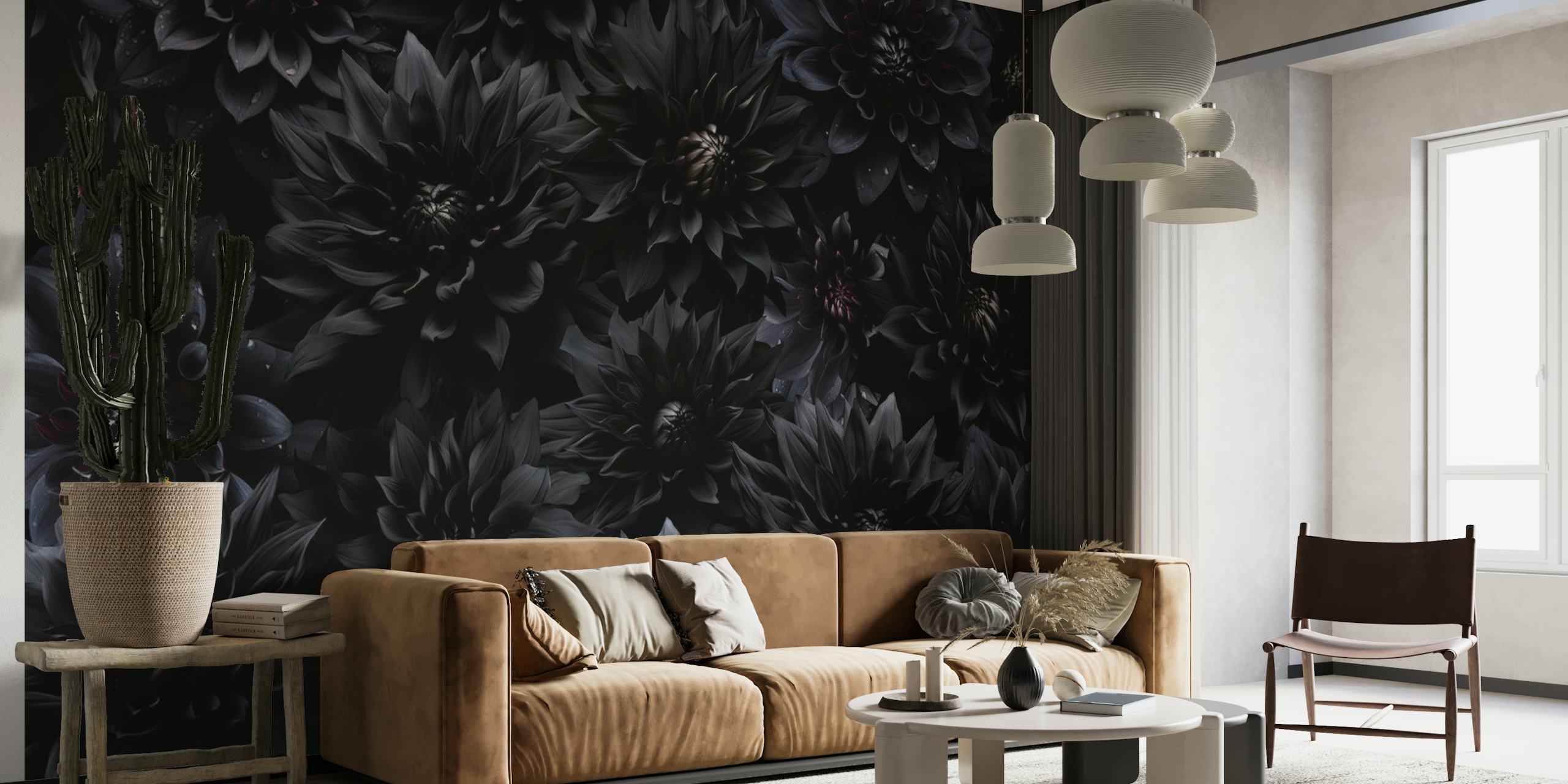 Black flowers on dark background, gothic style wallpaper