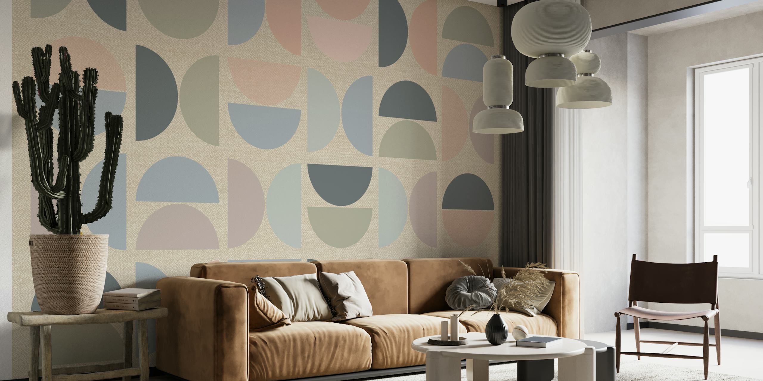 Mural de pared de estilo Bauhaus en tonos pastel apagados con formas geométricas en colores suaves