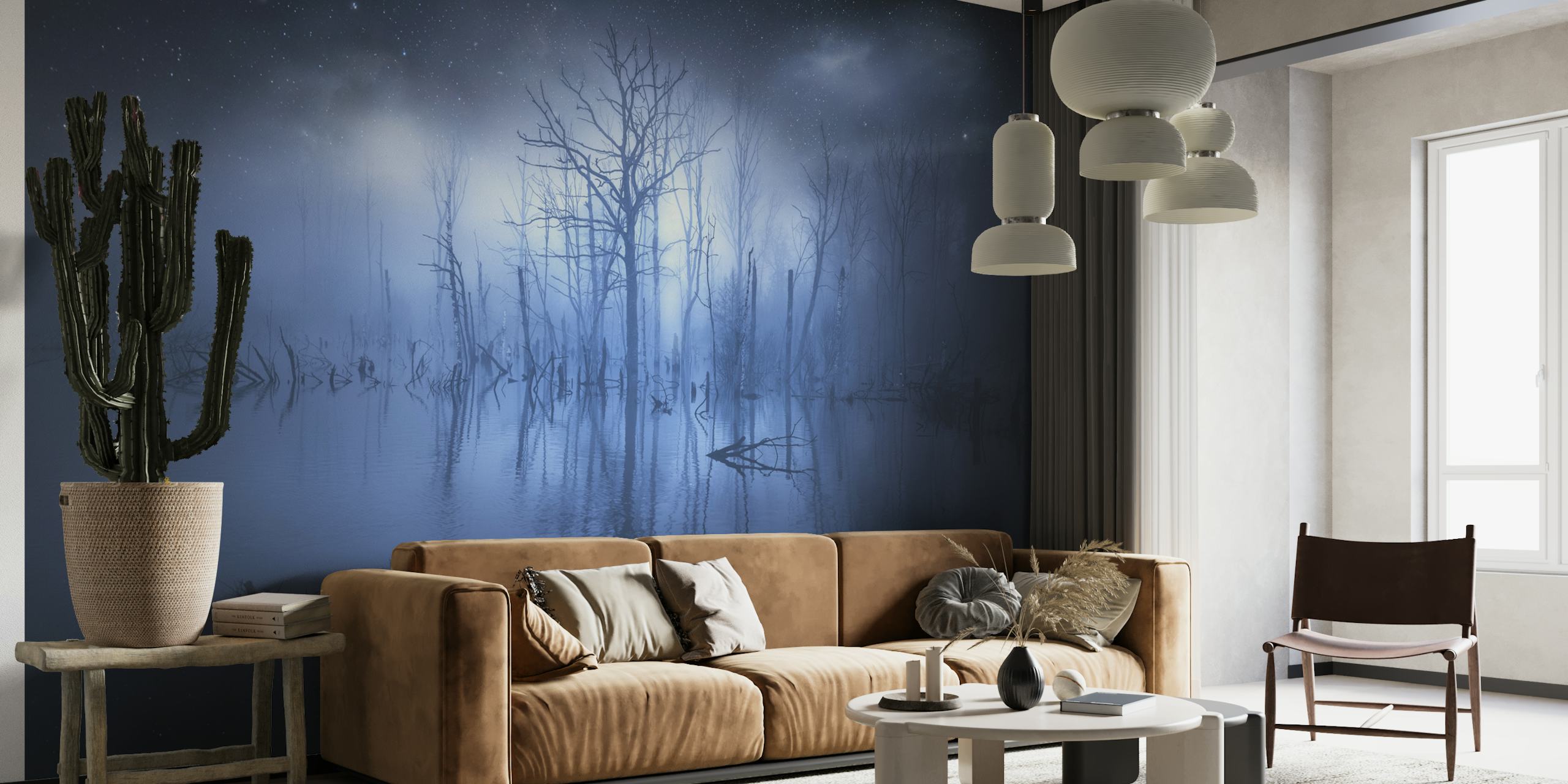 Misty lake scene with dark trees and blue mist wallpaper