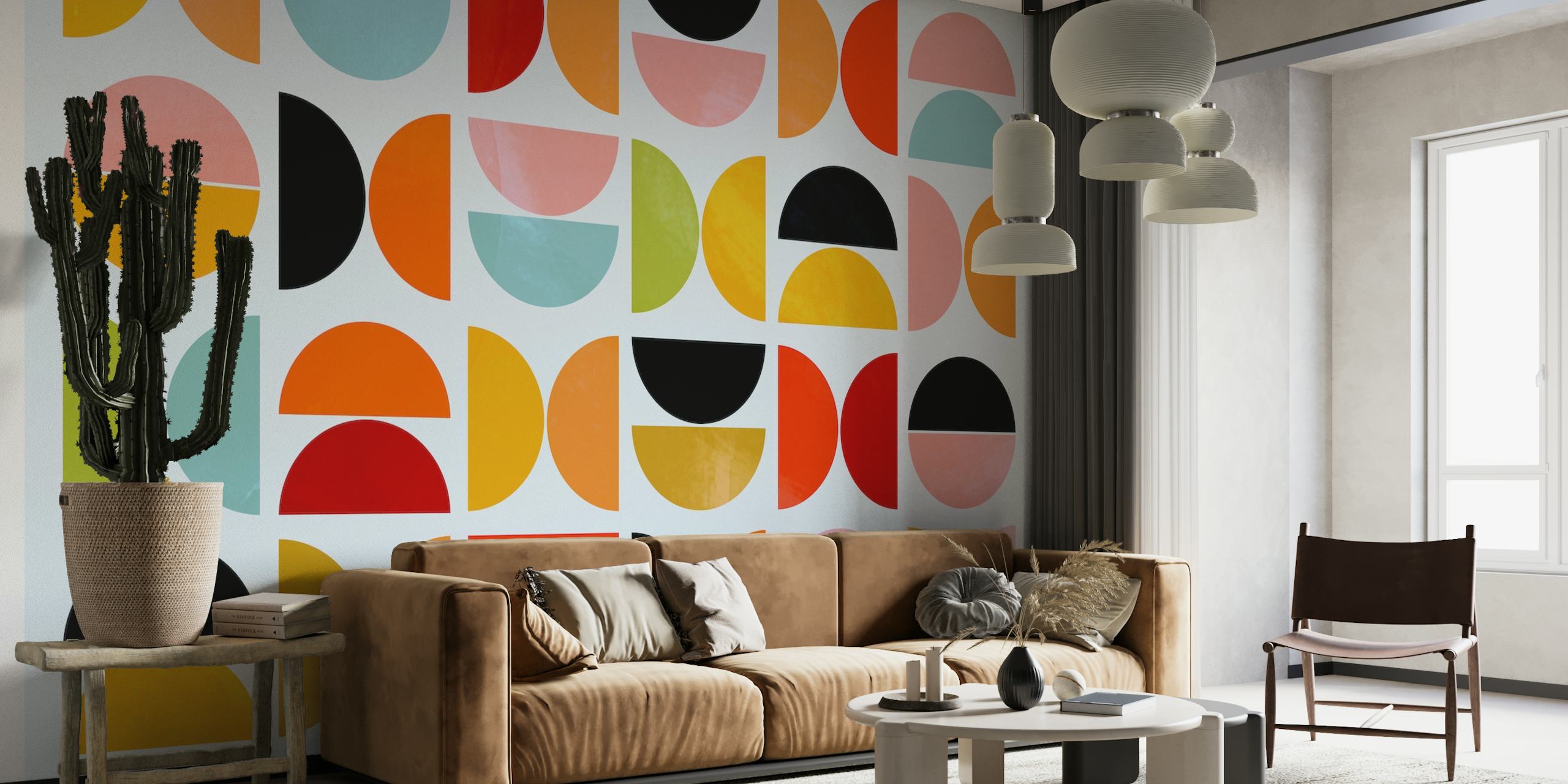 Formas geométricas vívidas em um design mural de parede inspirado na Bauhaus.