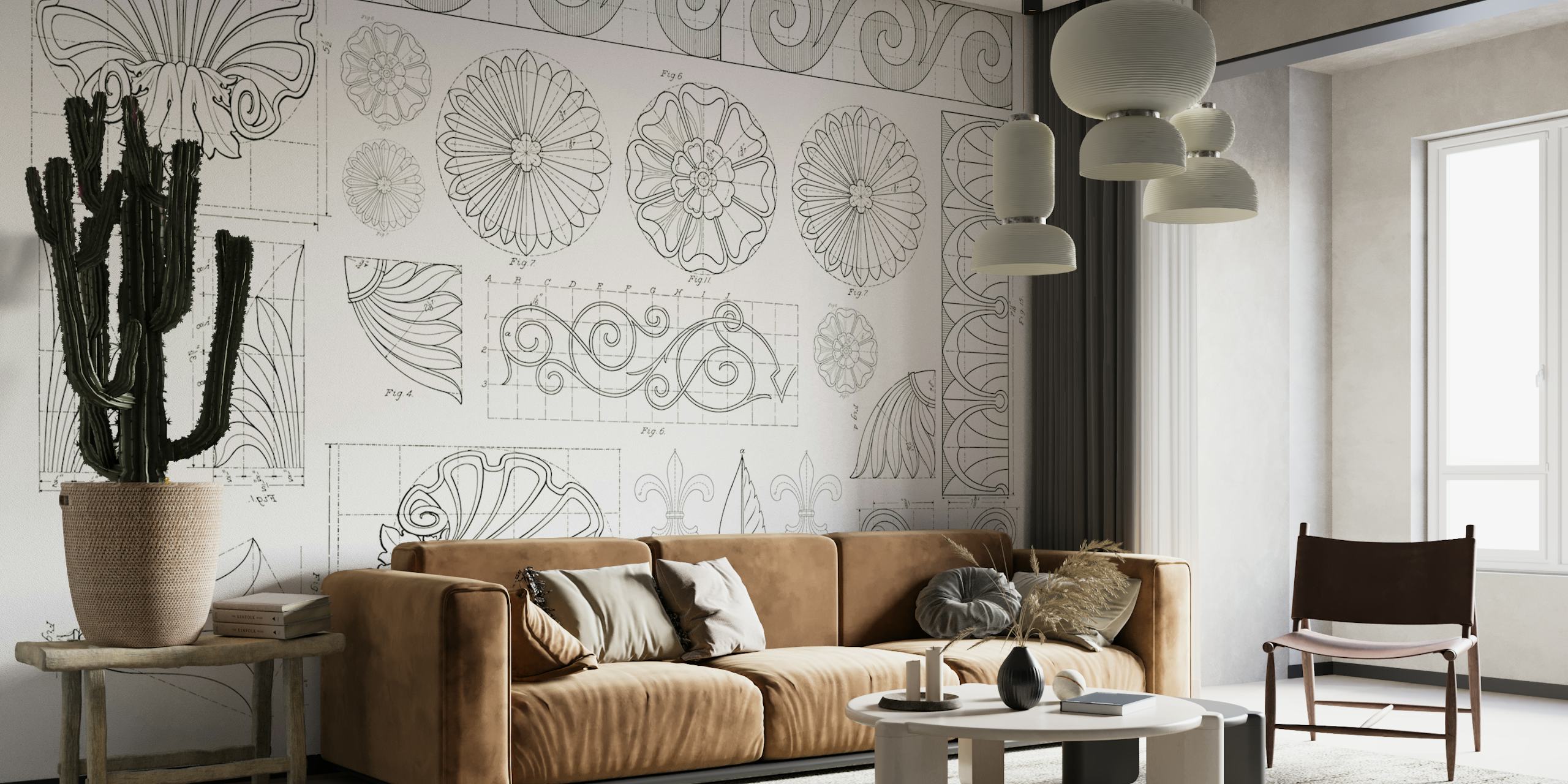 Vintage architectural floral ornament wallpaper in grayscale