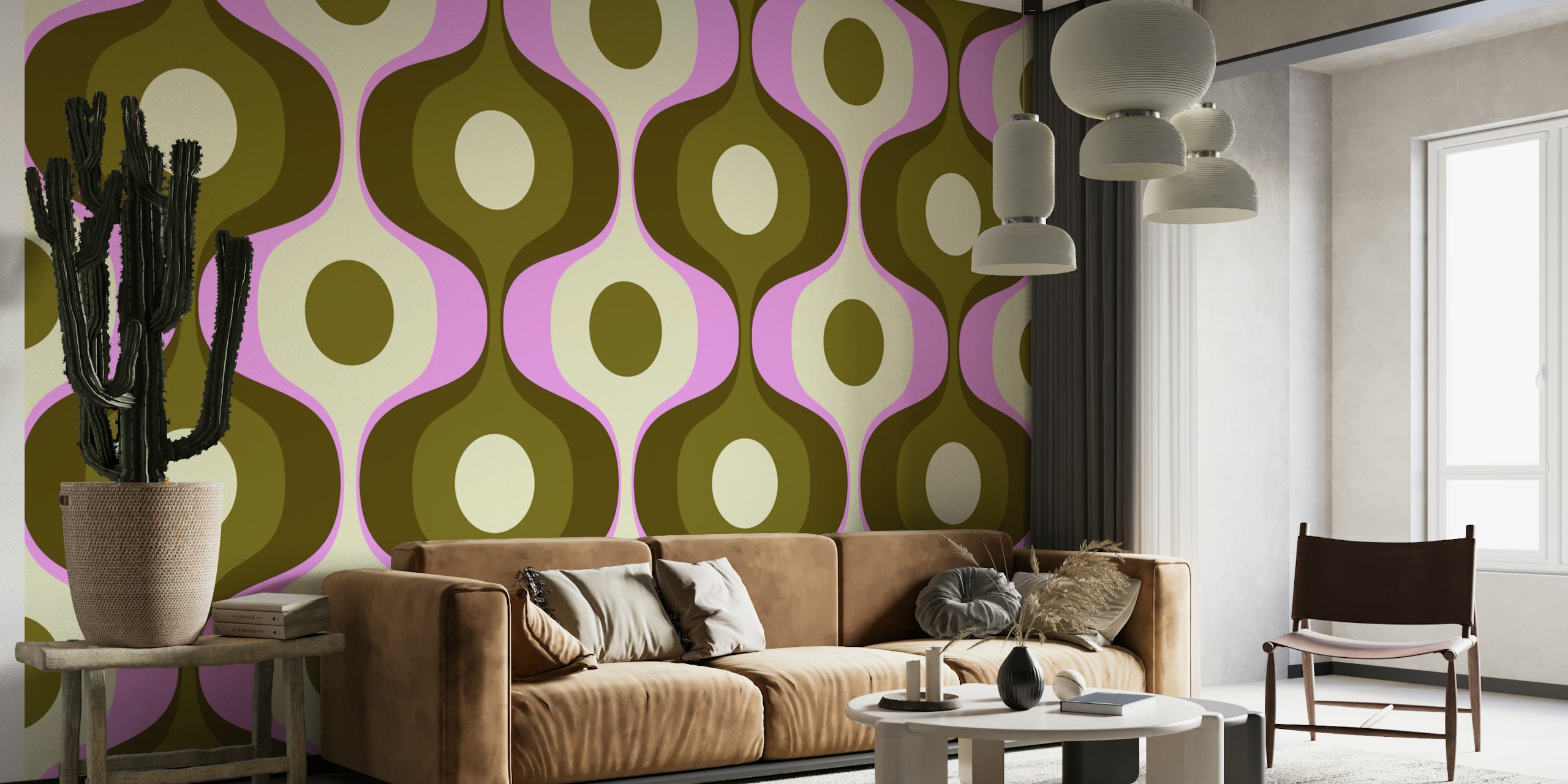 Muurschildering in retrostijl met geometrisch patroon in olijfgroen, lila en ivoor