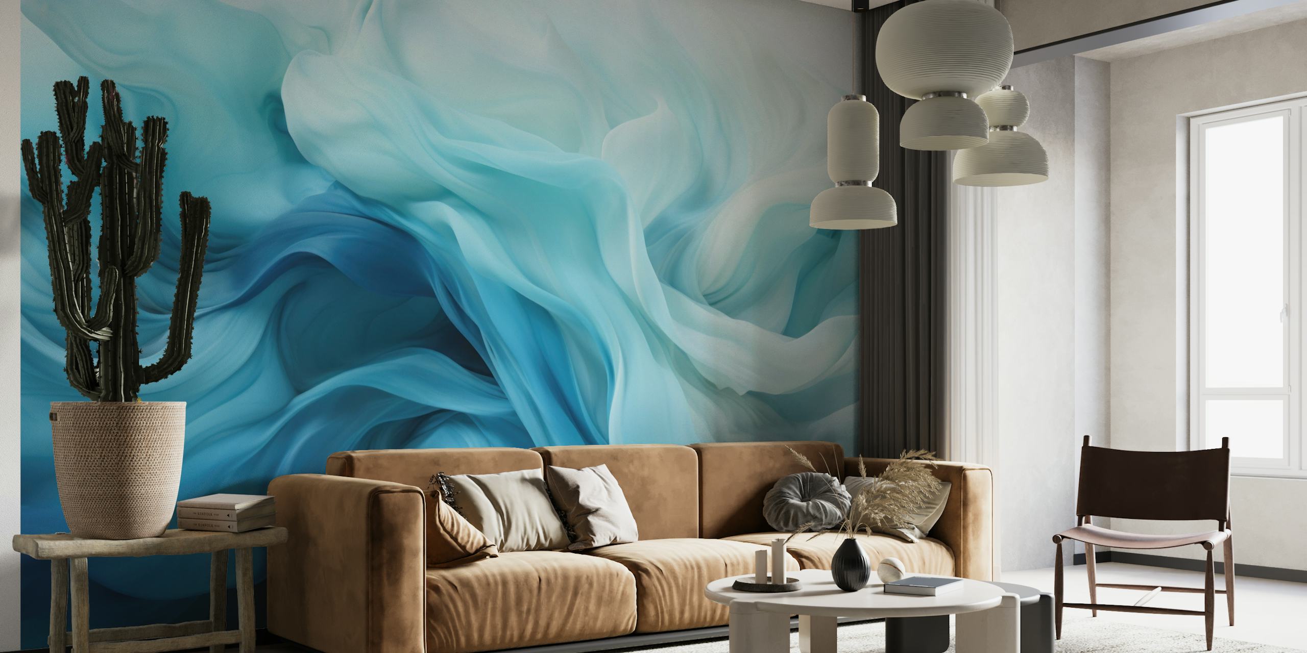 fotomural vinílico de parede fluido abstrato azul suave e branco
