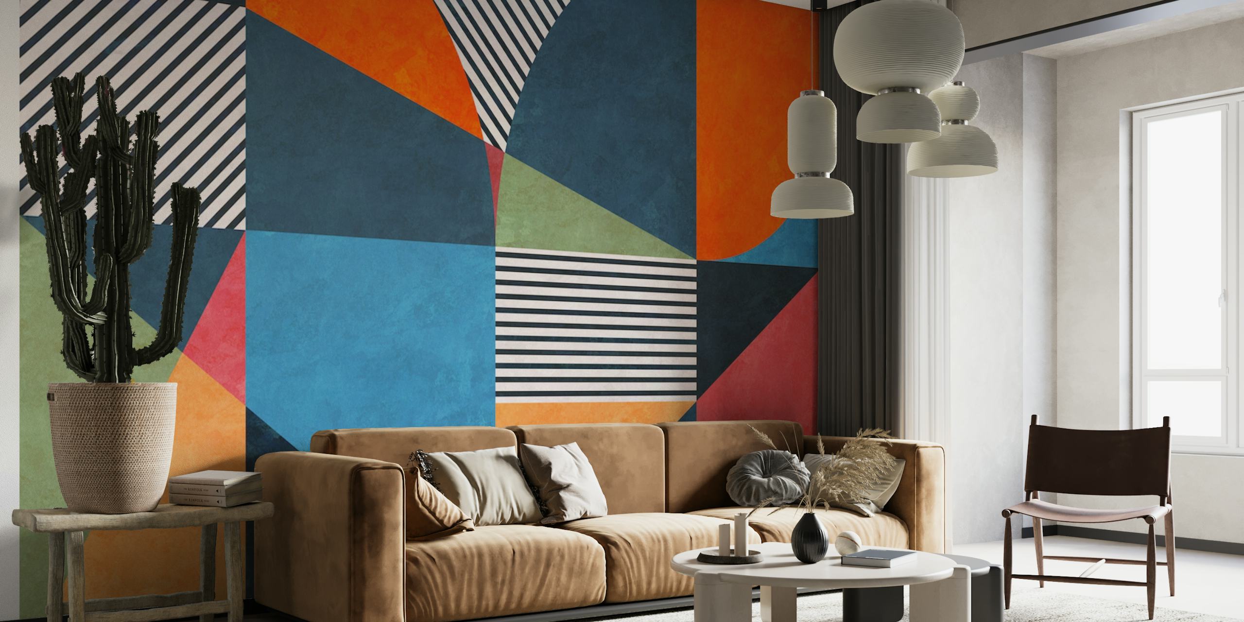Geometric patchwork heart wall mural with a mix of stripes and solid colors in blue, orange, and black