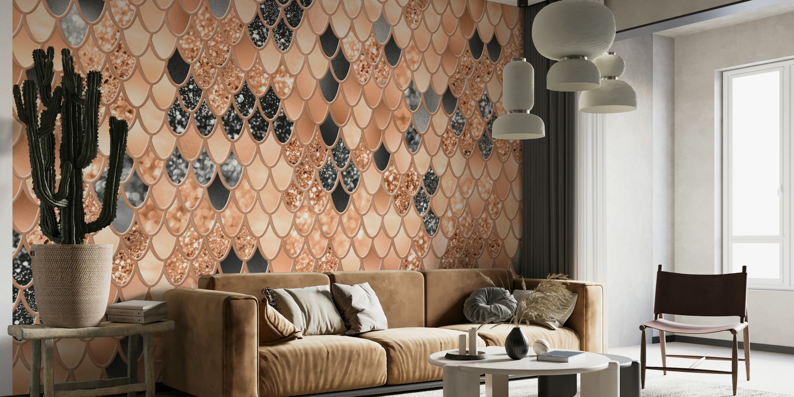 Peach Fuzz Black Mermaid Scales Glam wallpaper in room