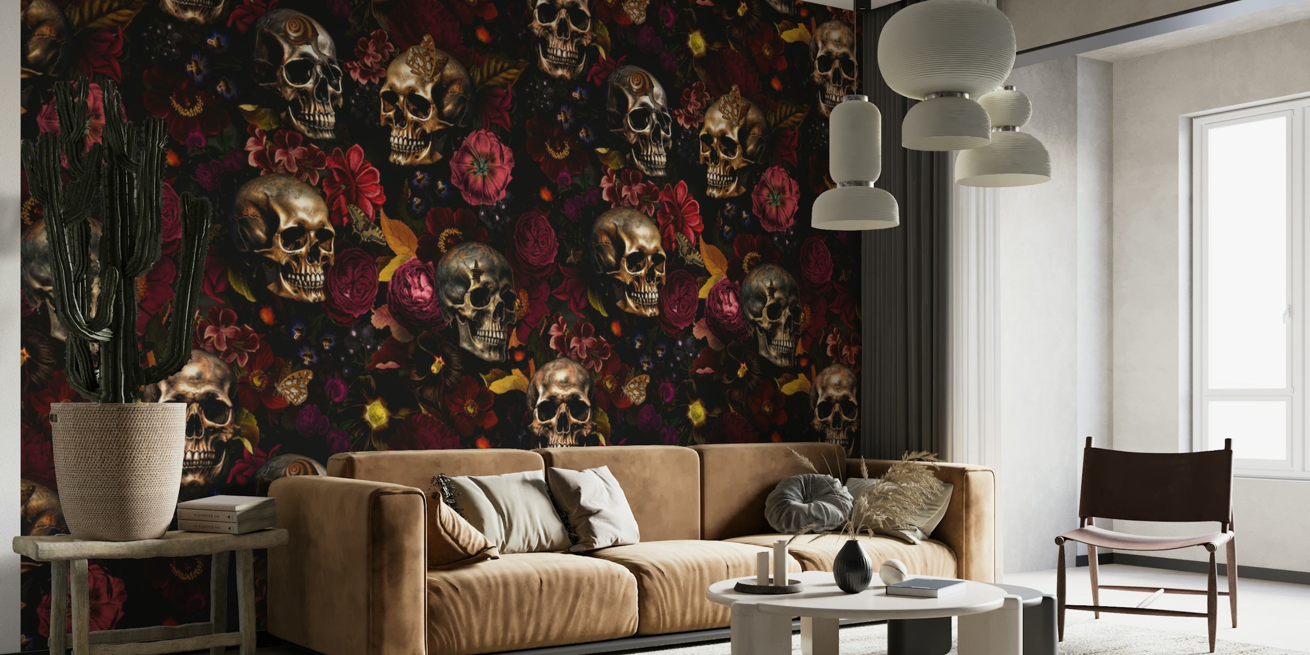Baroque Skulls and Moody Florals Wall Mural in a Night Garden Theme
