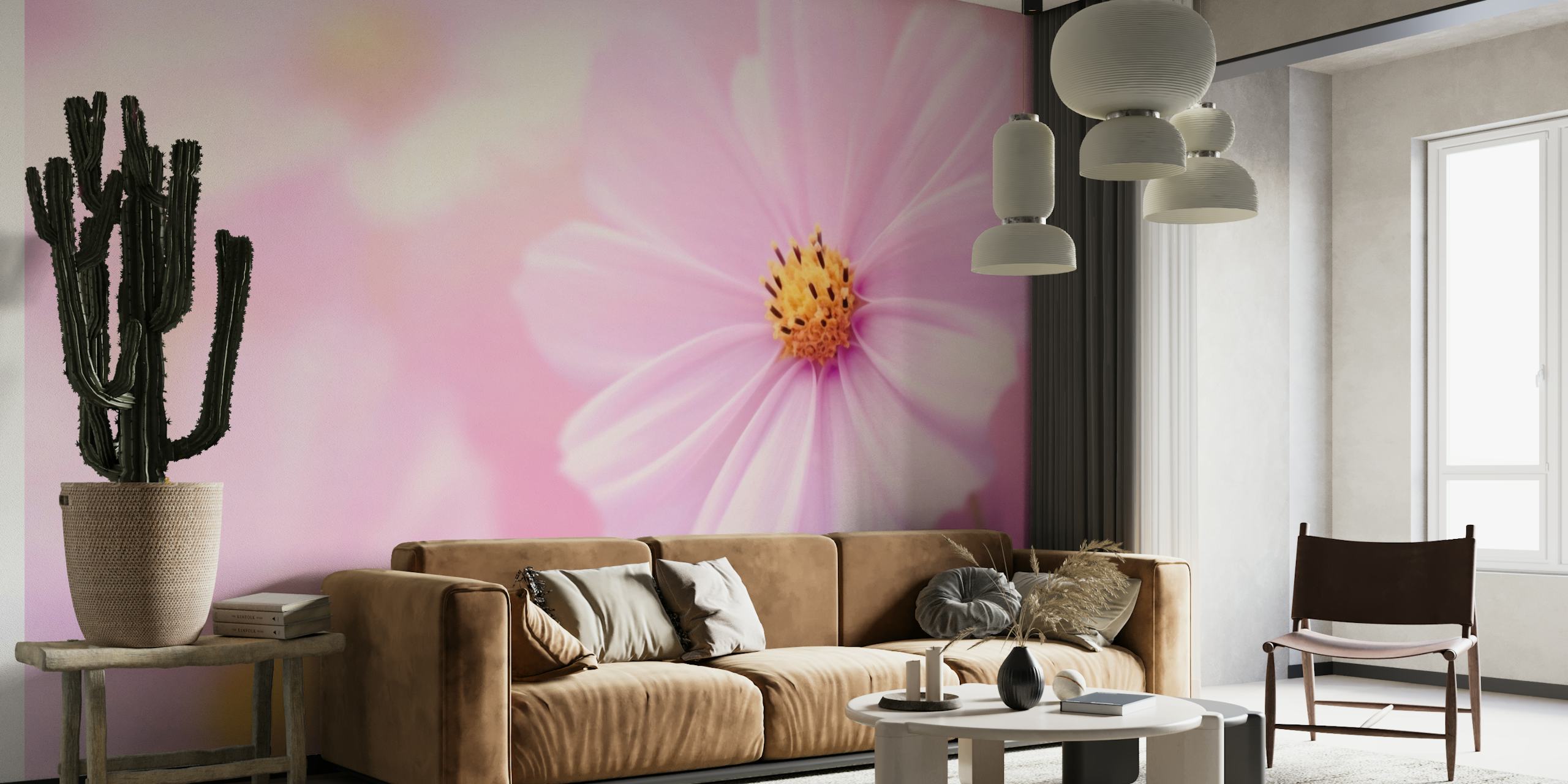 Nahaufnahme einer rosa Blüte, die das Wandgemälde „Beautiful Summer Day“ auf happywall.com darstellt