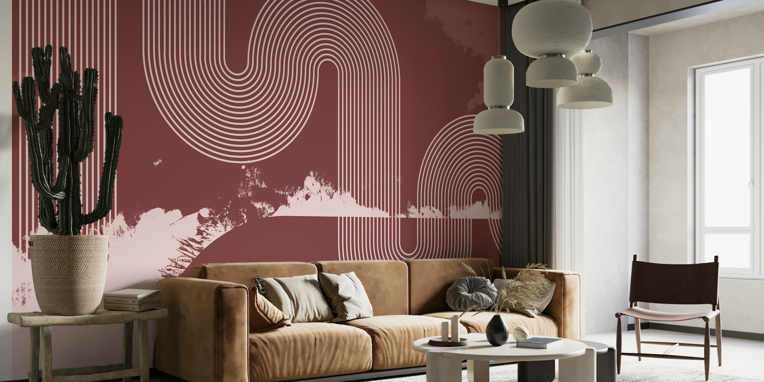 Mid Century Modern Curvy Line Art wall mural in maroon with abstract white lines.