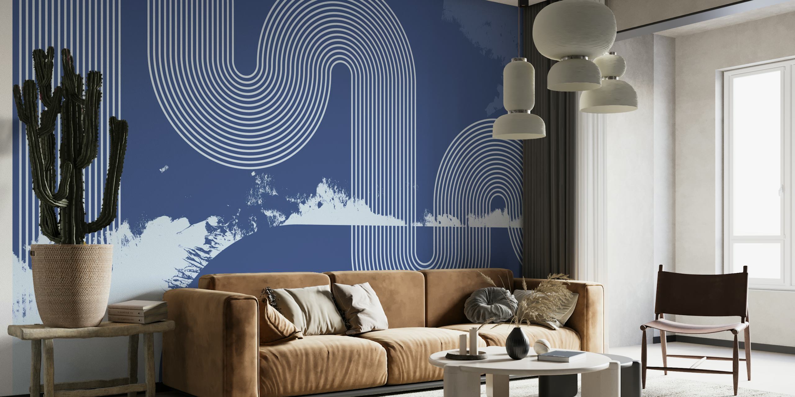 Mid Century Modern Curvy Lines Blue wallpaper in a room