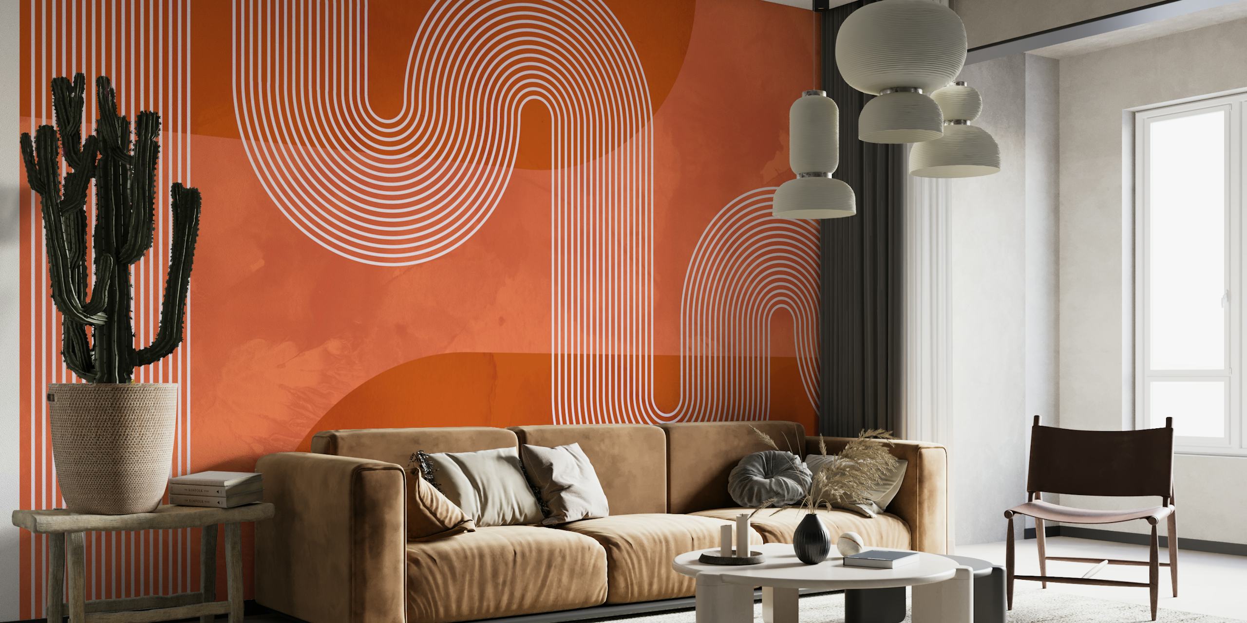 Curvy white lines on an orange background wallpaper