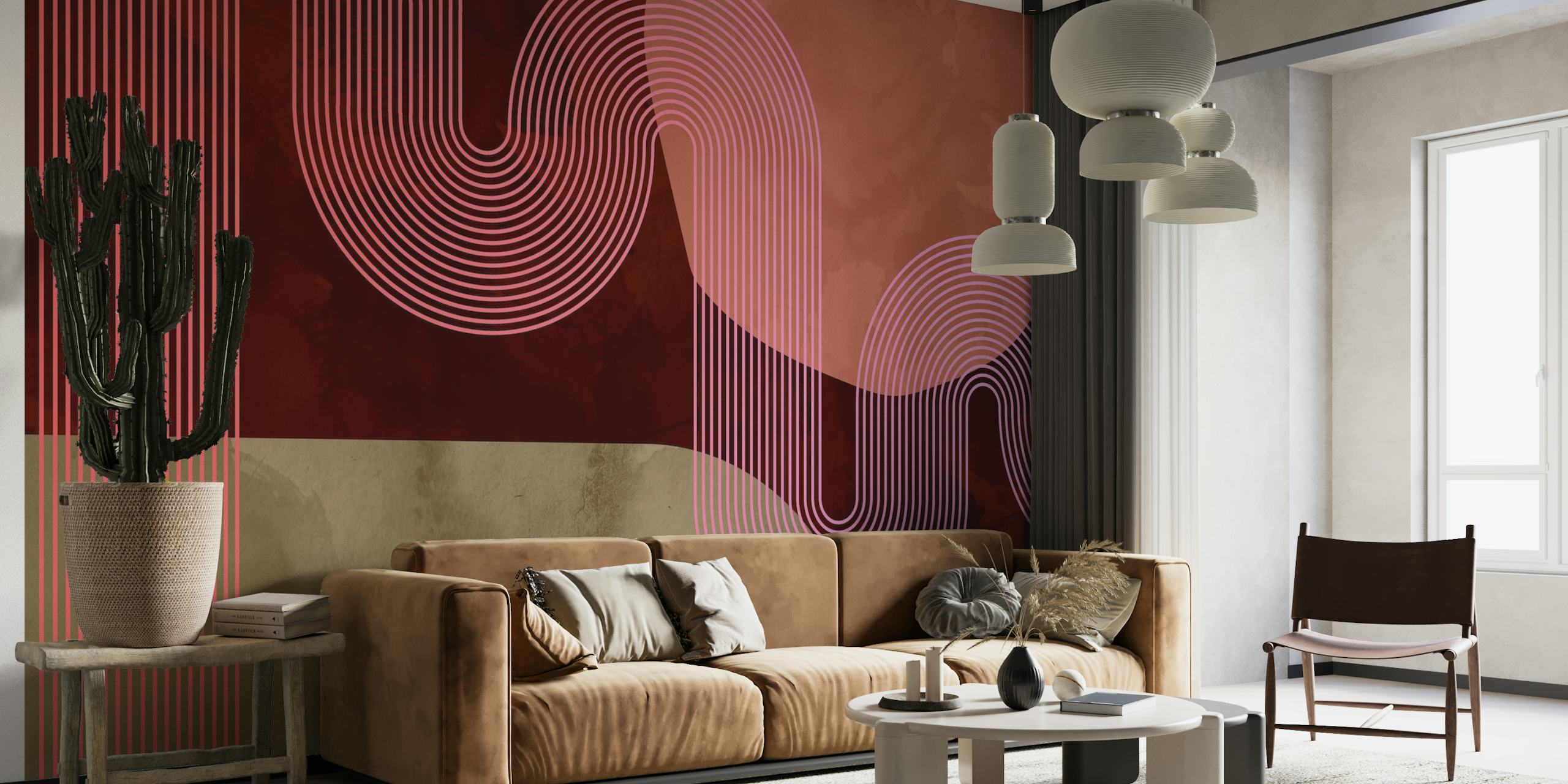 Curvy lines in pink and earthy tones wallpaper