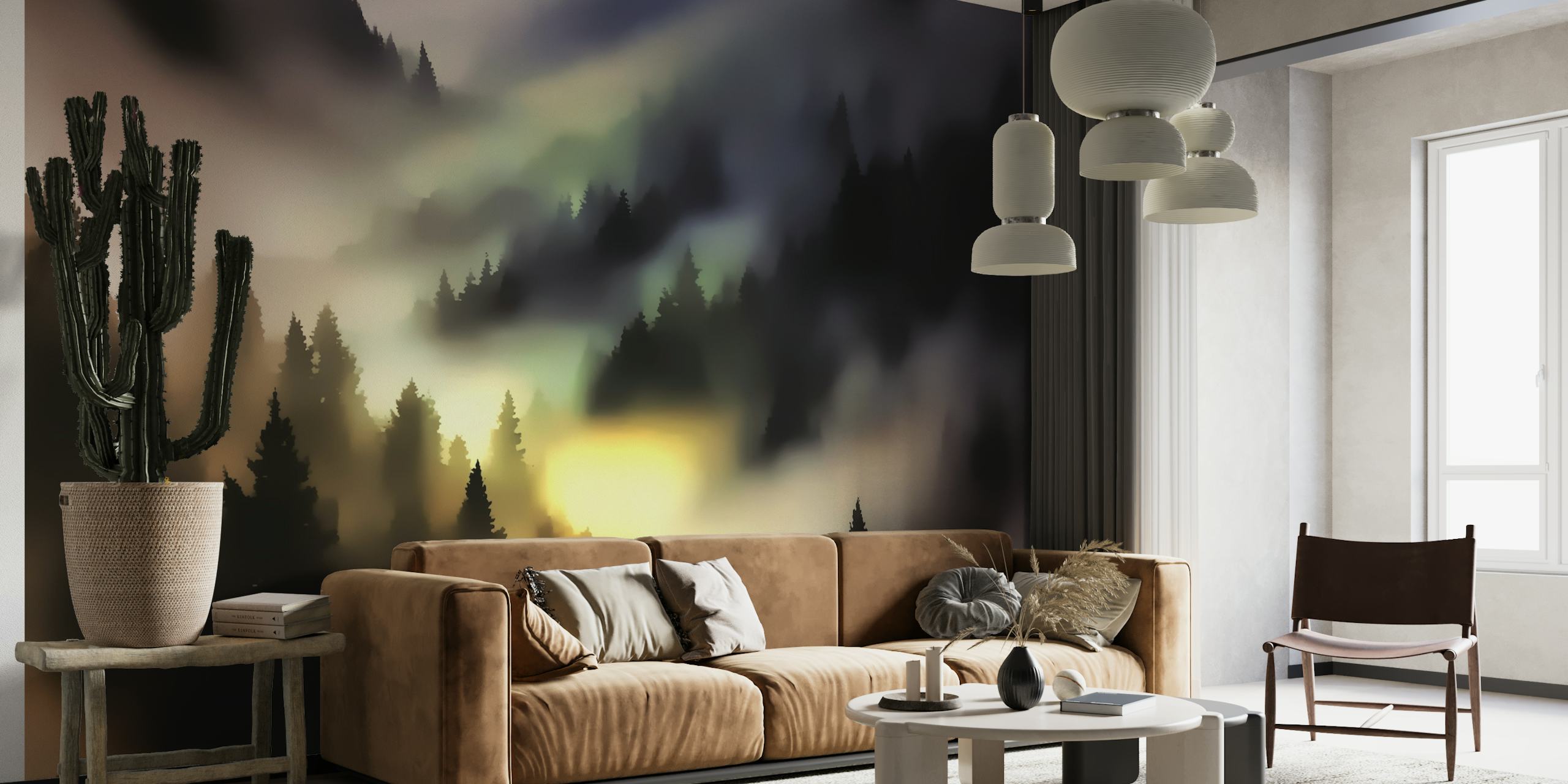 Misty Moody Aurora Forest wallpaper