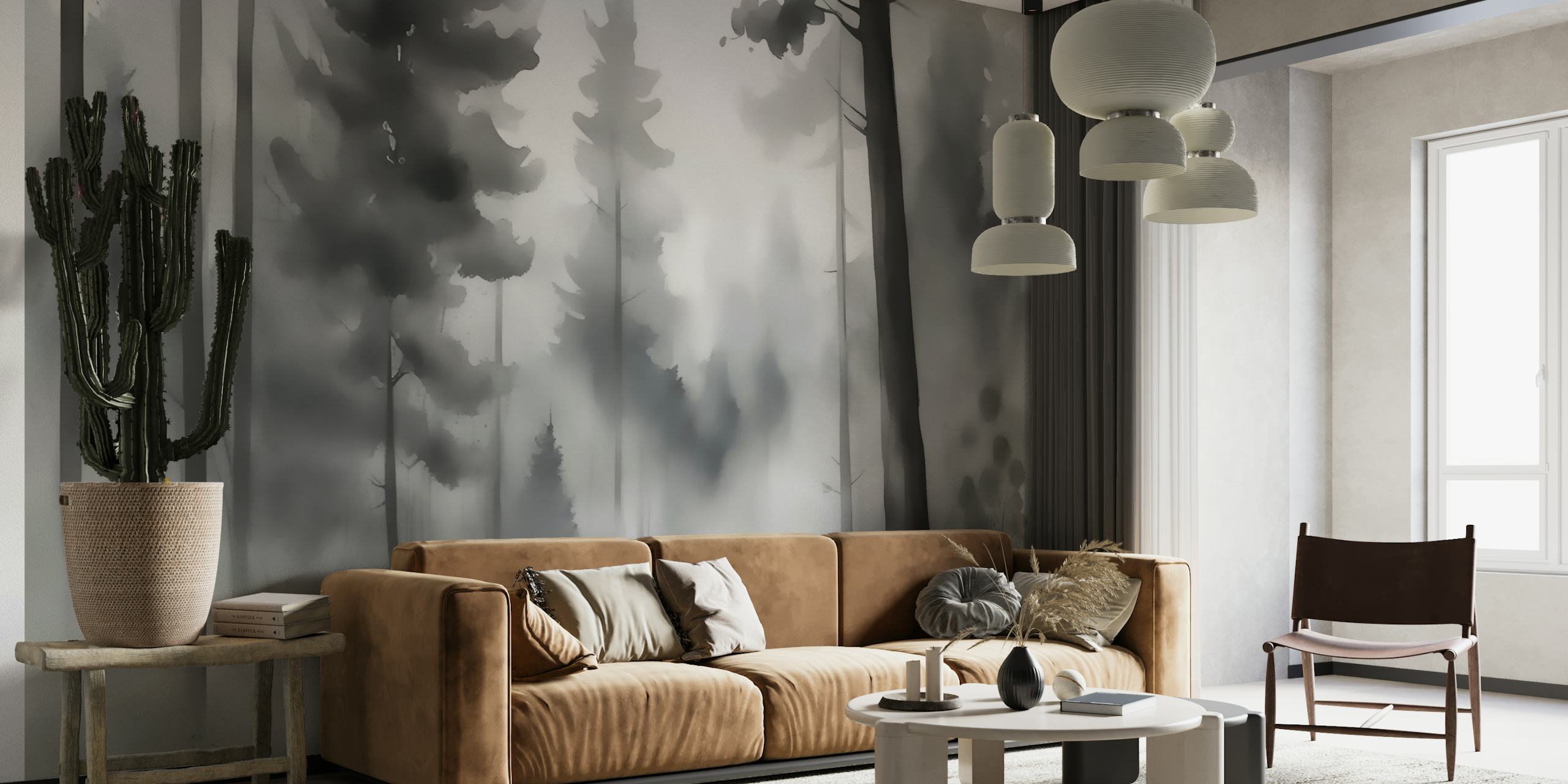 Black and white wall mural depicting a misty forest with tall trees and fog